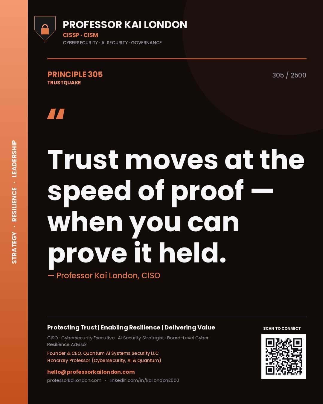 Quote card by Professor Kai London reading 'Trust moves at the speed of proof — when you can prove it held.'. From the book Trustquake.