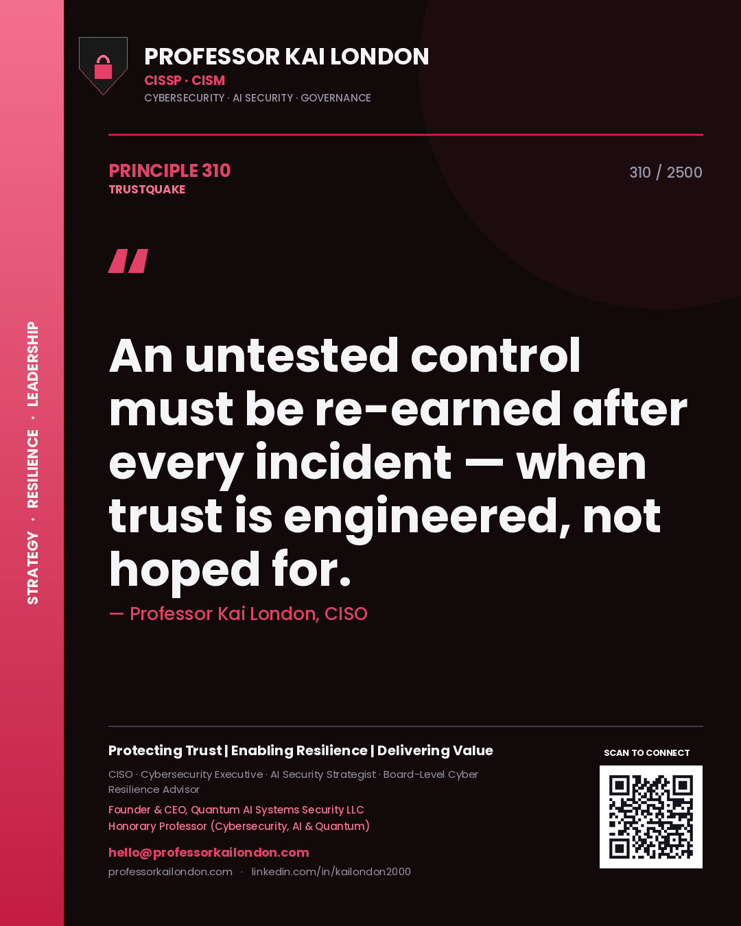 Quote card by Professor Kai London reading 'An untested control must be re-earned after every incident — when trust is engineered, not hoped for.'. From the book Trustquake.