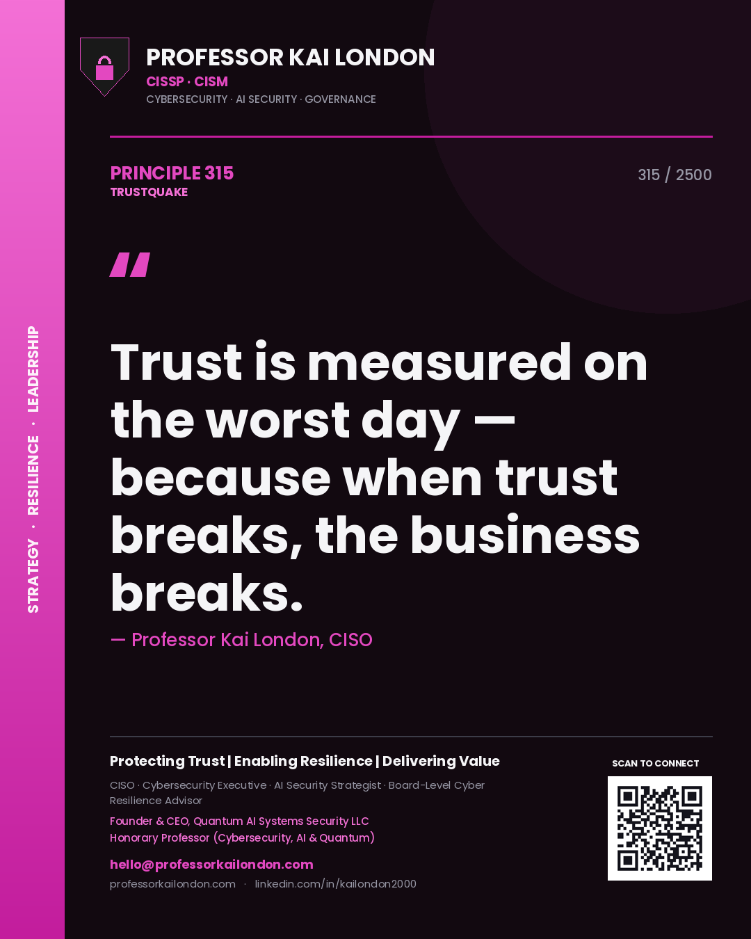Quote card by Professor Kai London reading 'Trust is measured on the worst day — because when trust breaks, the business breaks.'. From the book Trustquake.