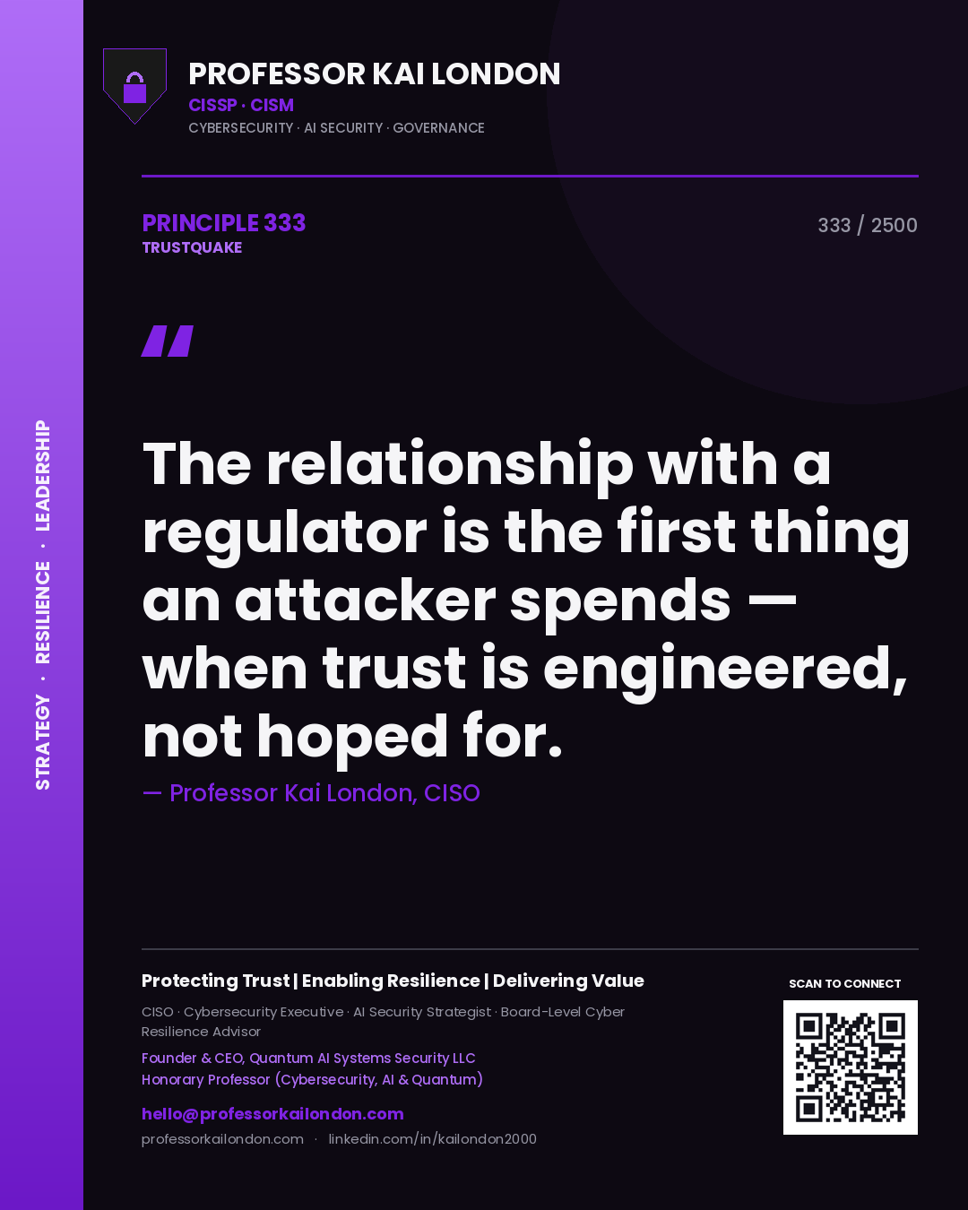 Quote card by Professor Kai London reading 'The relationship with a regulator is the first thing an attacker spends — when trust is engineered, not hoped for.'. From the book Trustquake.