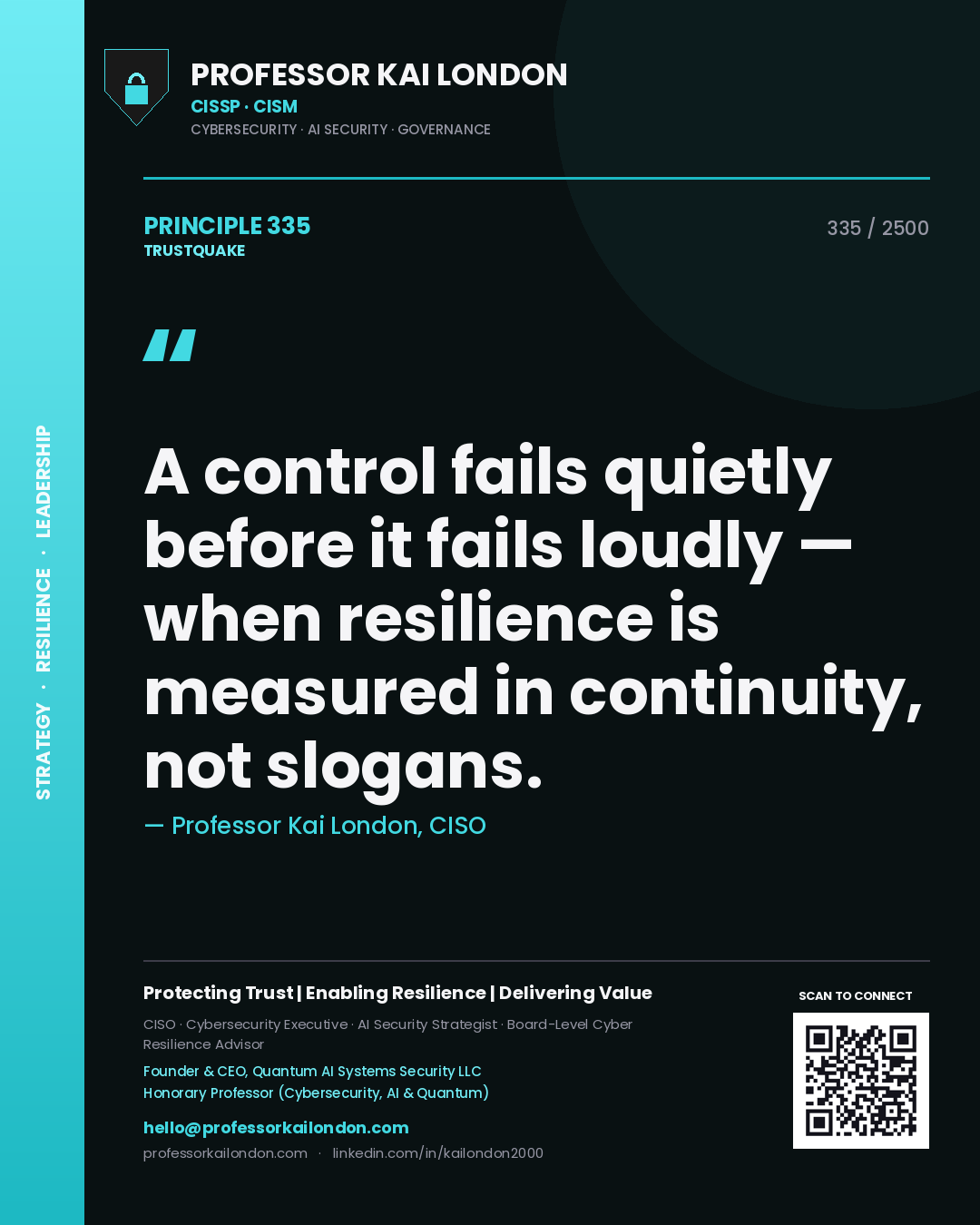Quote card by Professor Kai London reading 'A control fails quietly before it fails loudly — when resilience is measured in continuity, not slogans.'. From the book Trustquake.