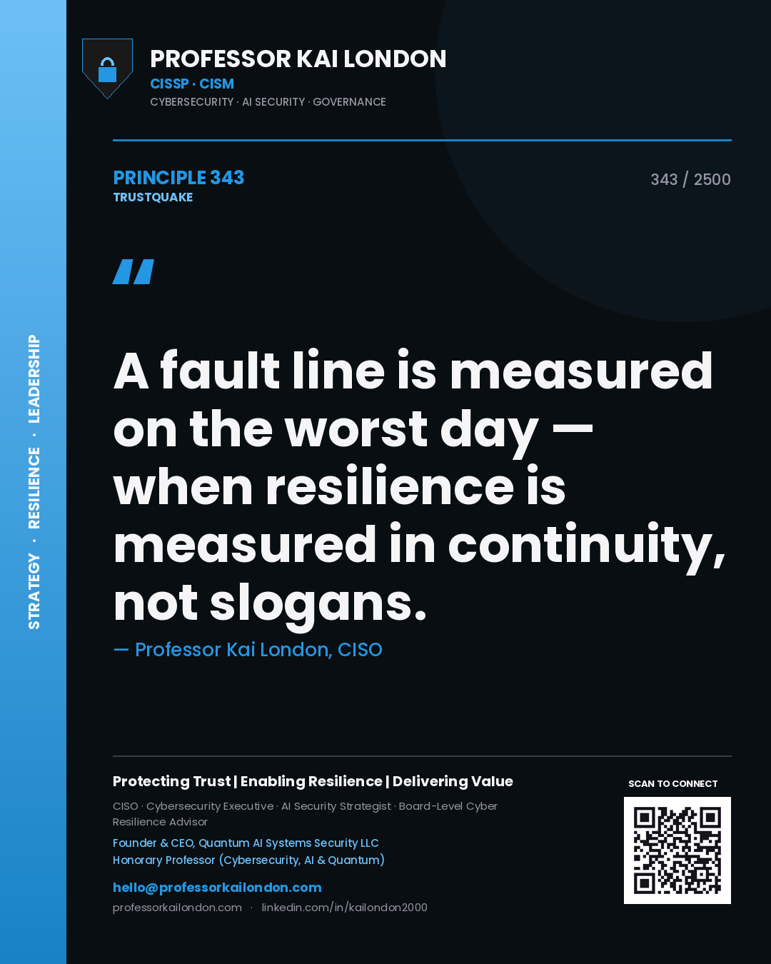 Professor Kai London principle 343: A fault line is measured on the worst day — when resilience is measured in continuity, not slogans.