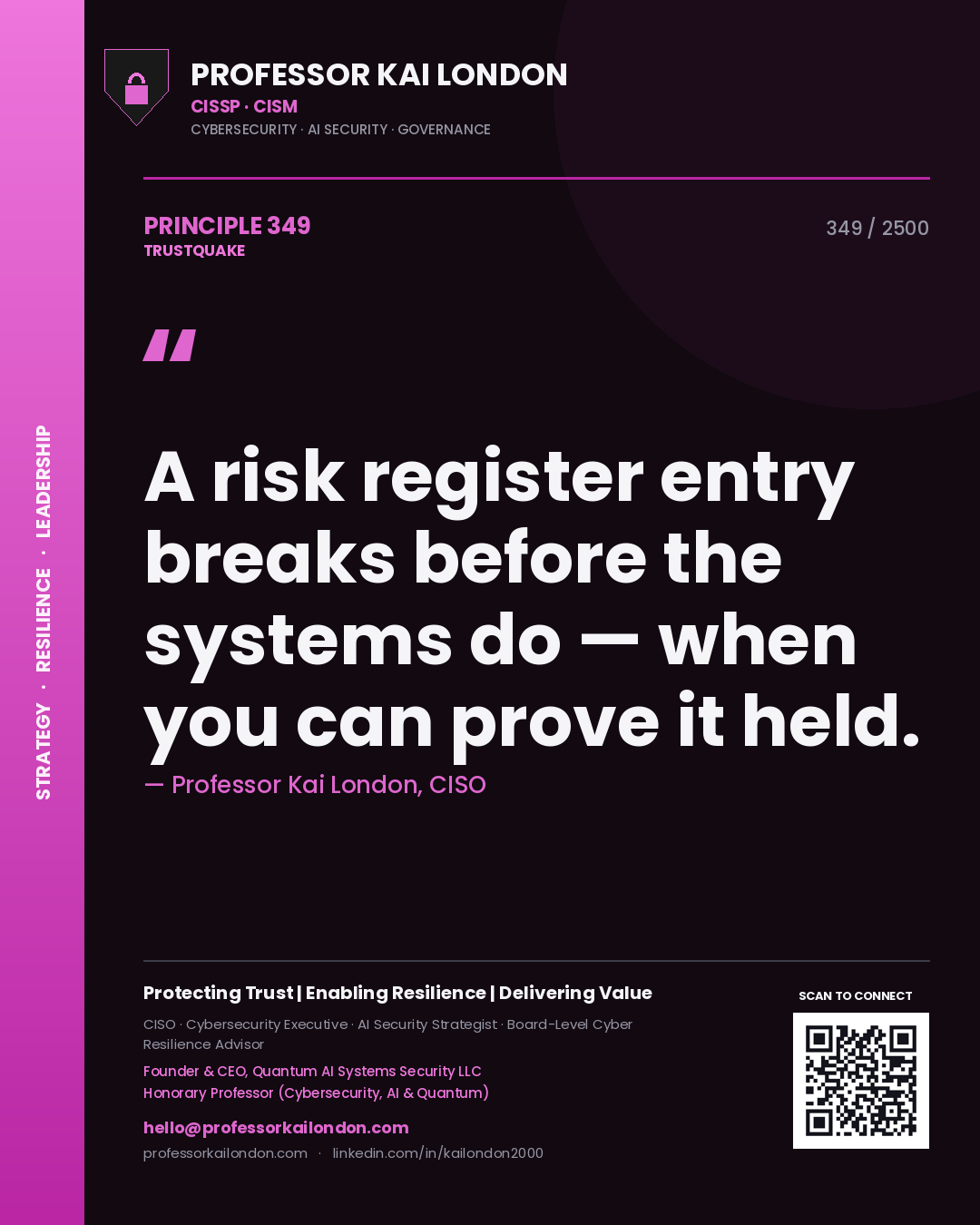 Quote card by Professor Kai London reading 'A risk register entry breaks before the systems do — when you can prove it held.'. From the book Trustquake.