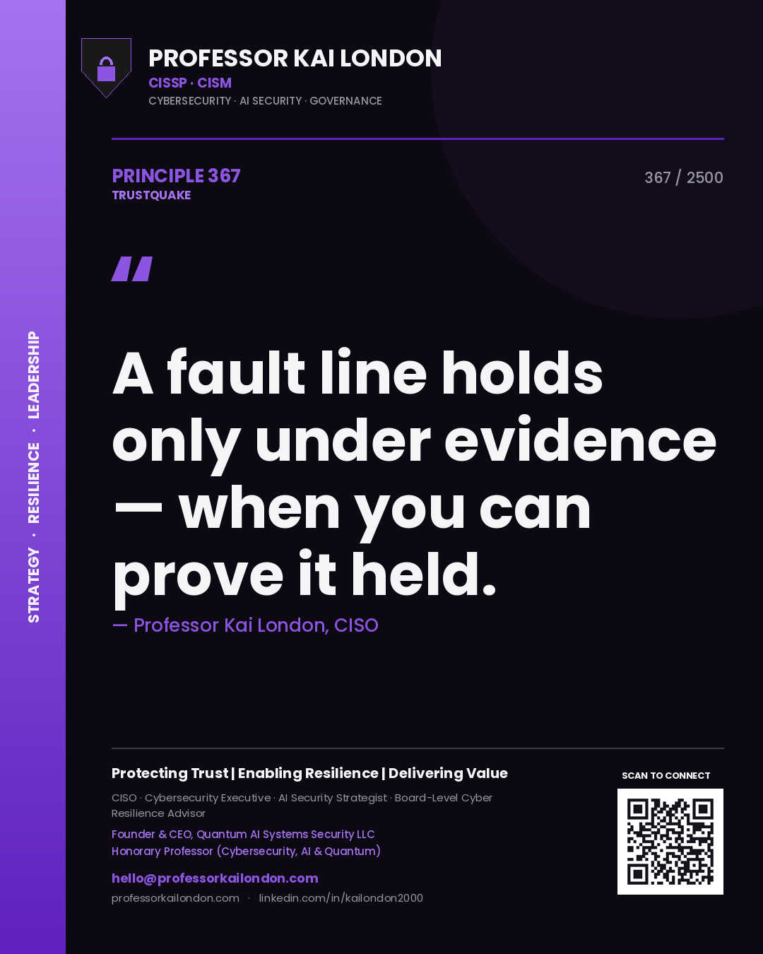Quote card by Professor Kai London reading 'A fault line holds only under evidence — when you can prove it held.'. From the book Trustquake.