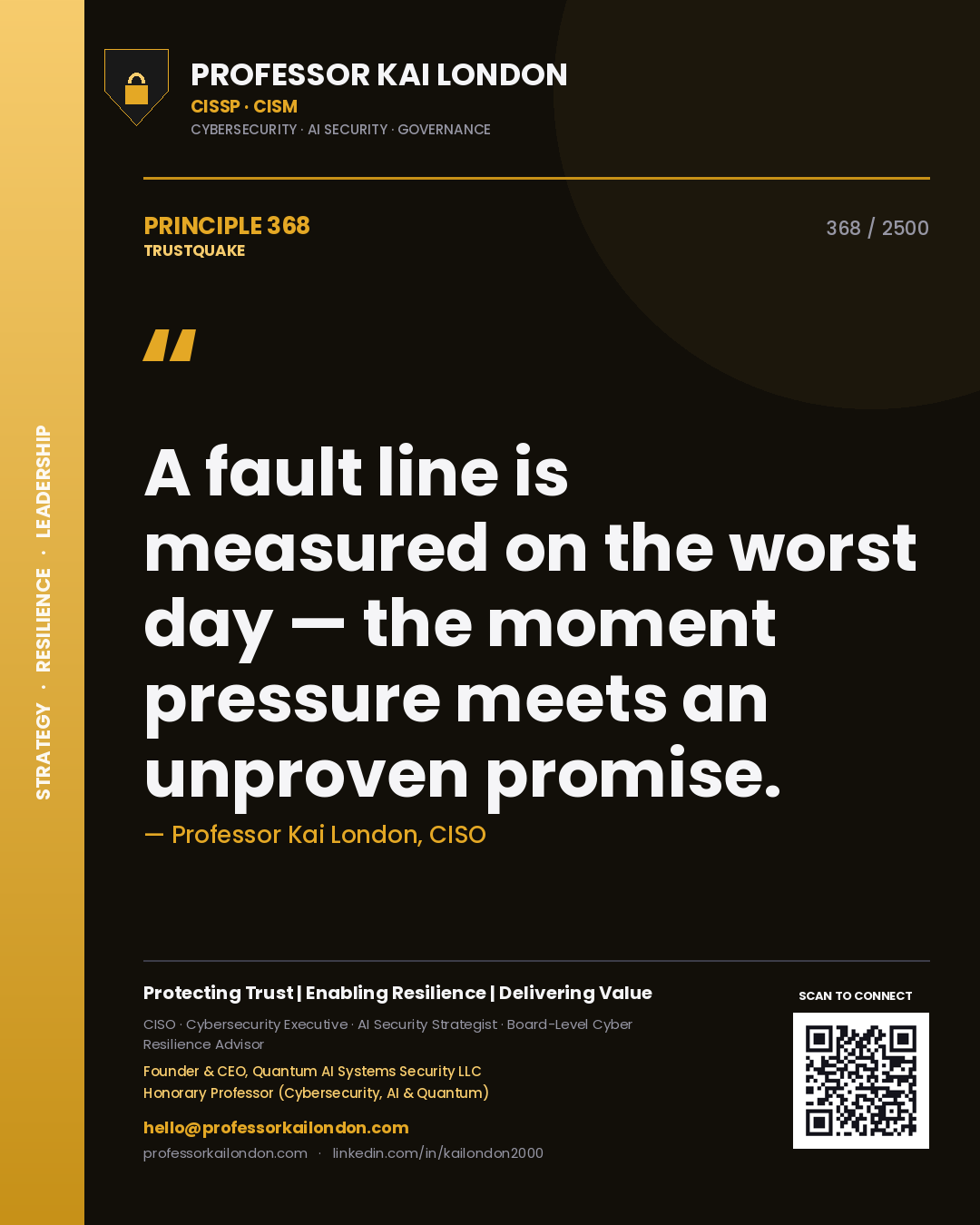 Quote card by Professor Kai London reading 'A fault line is measured on the worst day — the moment pressure meets an unproven promise.'. From the book Trustquake.
