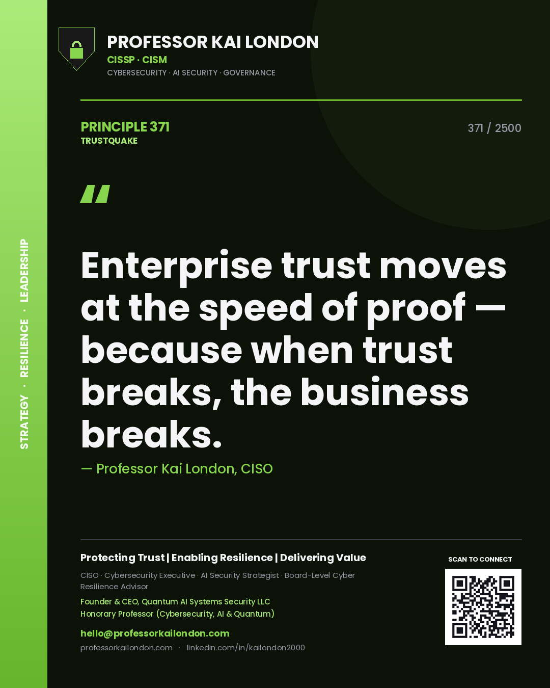 Quote card by Professor Kai London reading 'Enterprise trust moves at the speed of proof — because when trust breaks, the business breaks.'. From the book Trustquake.