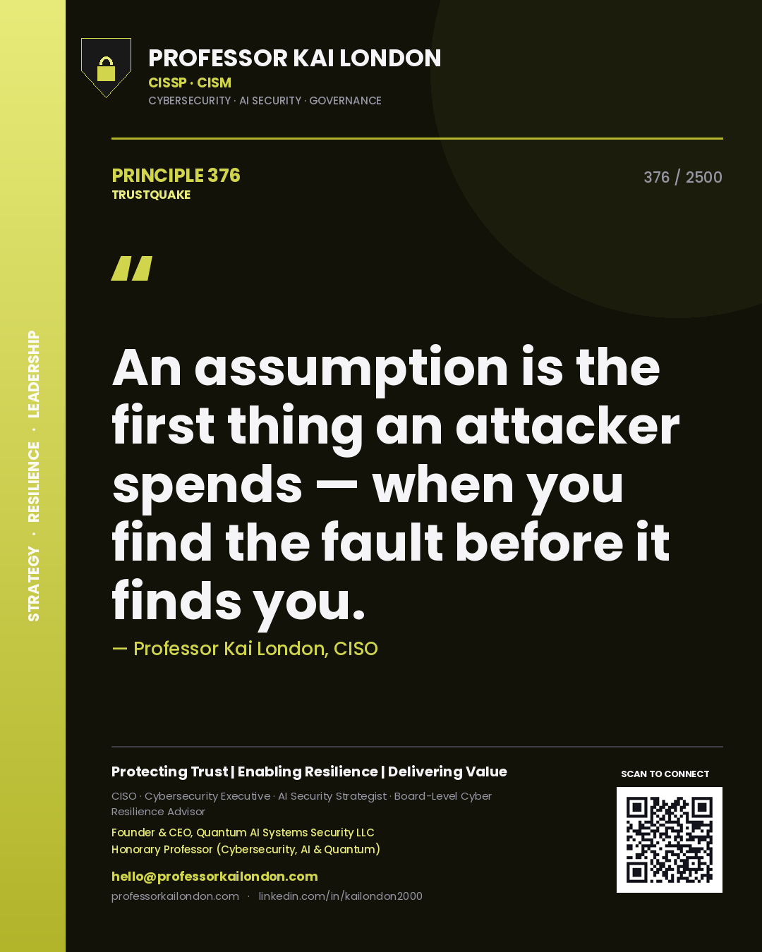 Professor Kai London principle 376: An assumption is the first thing an attacker spends — when you find the fault before it finds you.