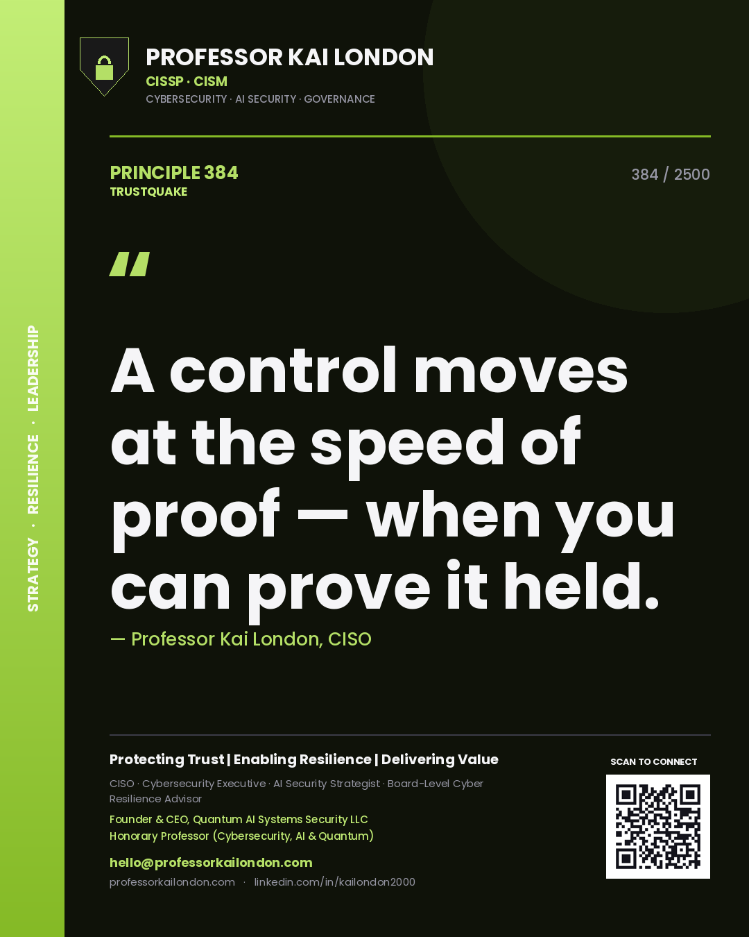 Quote card by Professor Kai London reading 'A control moves at the speed of proof — when you can prove it held.'. From the book Trustquake.
