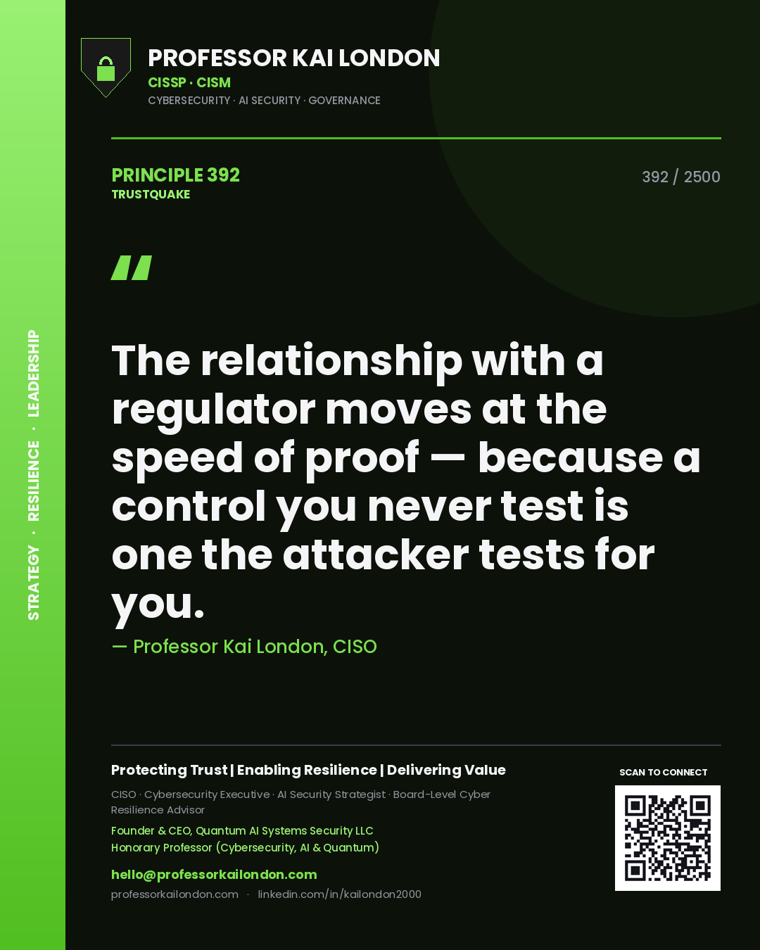 Professor Kai London principle 392: The relationship with a regulator moves at the speed of proof — because a control you never test is one the attacker tests for you.