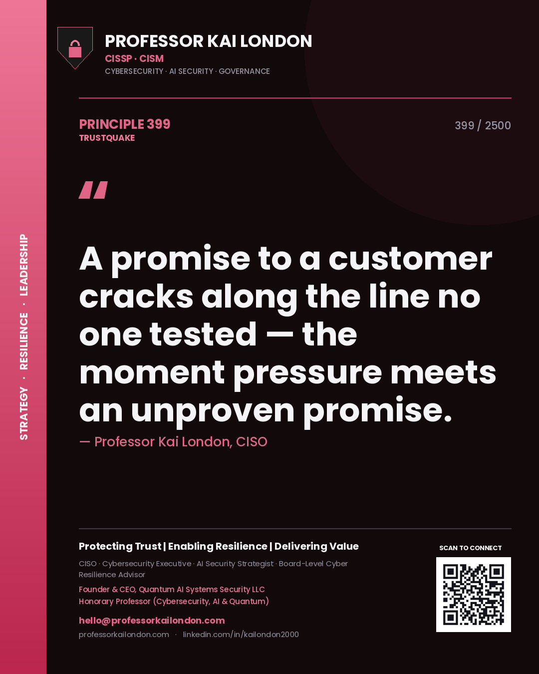 Quote card by Professor Kai London reading 'A promise to a customer cracks along the line no one tested — the moment pressure meets an unproven promise.'. From the book Trustquake.
