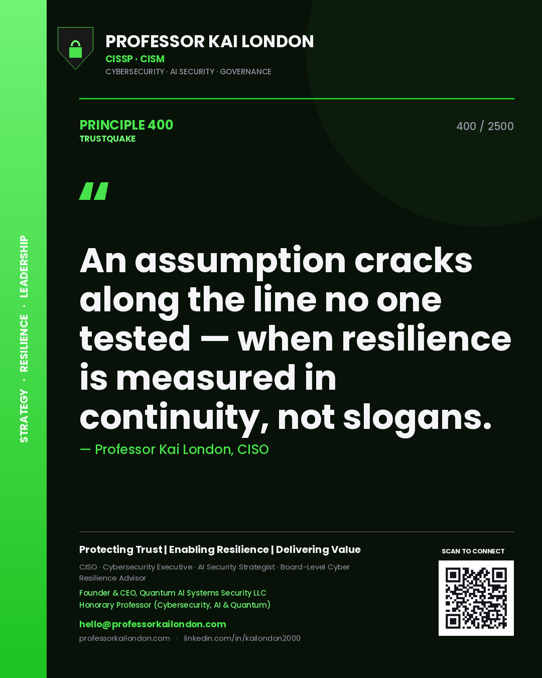 Professor Kai London principle 400: An assumption cracks along the line no one tested — when resilience is measured in continuity, not slogans.