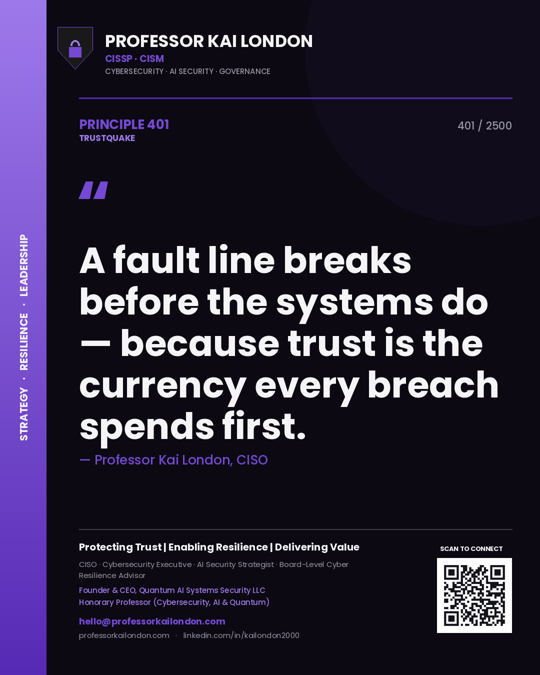 Professor Kai London principle 401: A fault line breaks before the systems do — because trust is the currency every breach spends first.