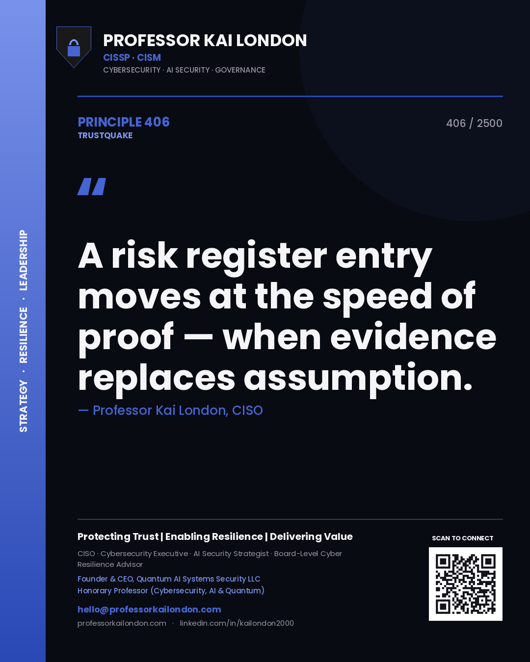 Quote card by Professor Kai London reading 'A risk register entry moves at the speed of proof — when evidence replaces assumption.'. From the book Trustquake.