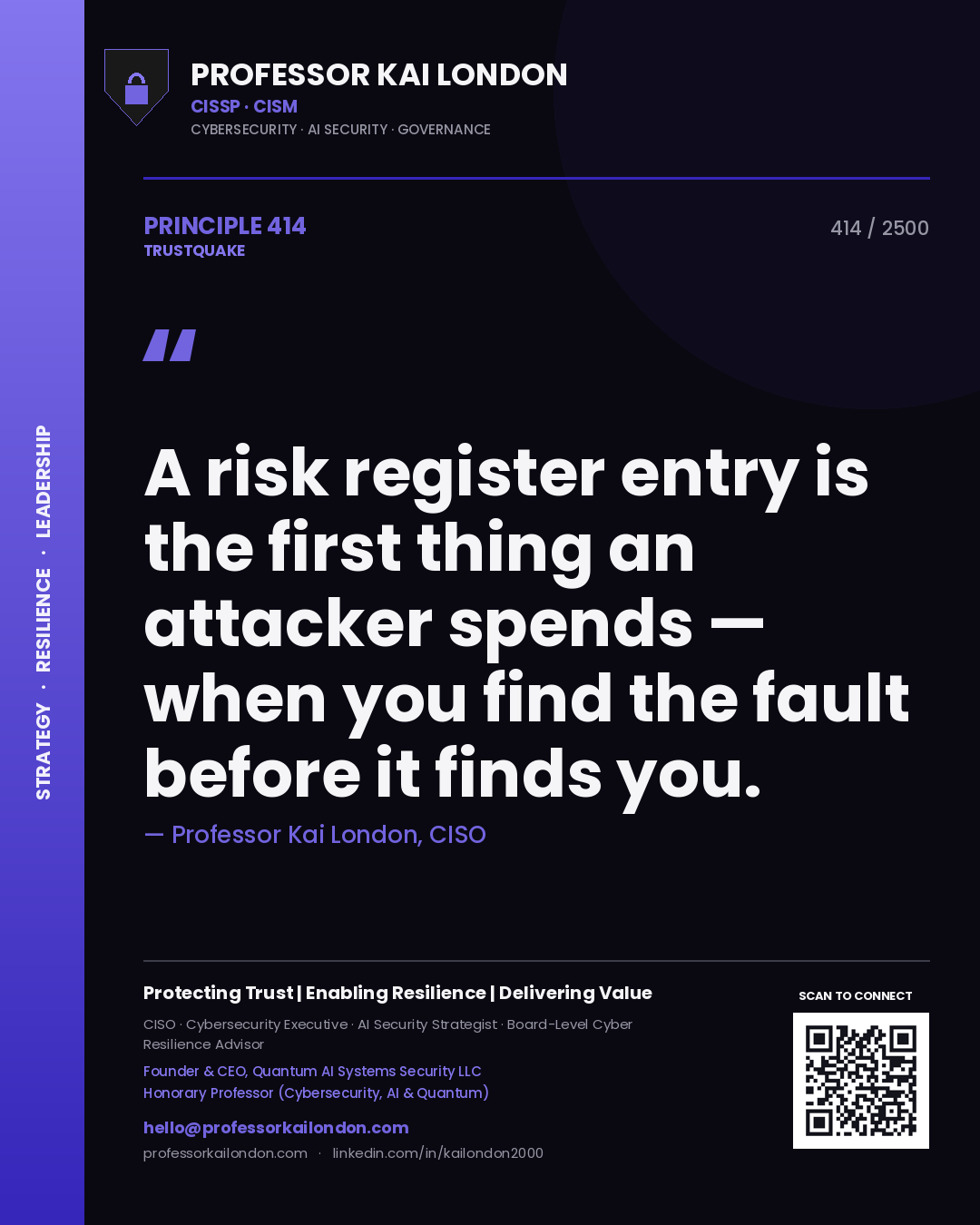 Professor Kai London principle 414: A risk register entry is the first thing an attacker spends — when you find the fault before it finds you.
