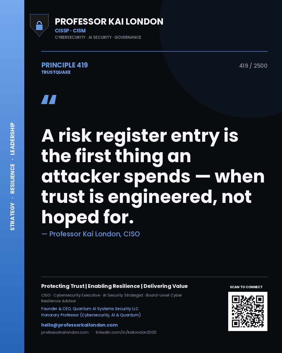 Professor Kai London principle 419: A risk register entry is the first thing an attacker spends — when trust is engineered, not hoped for.