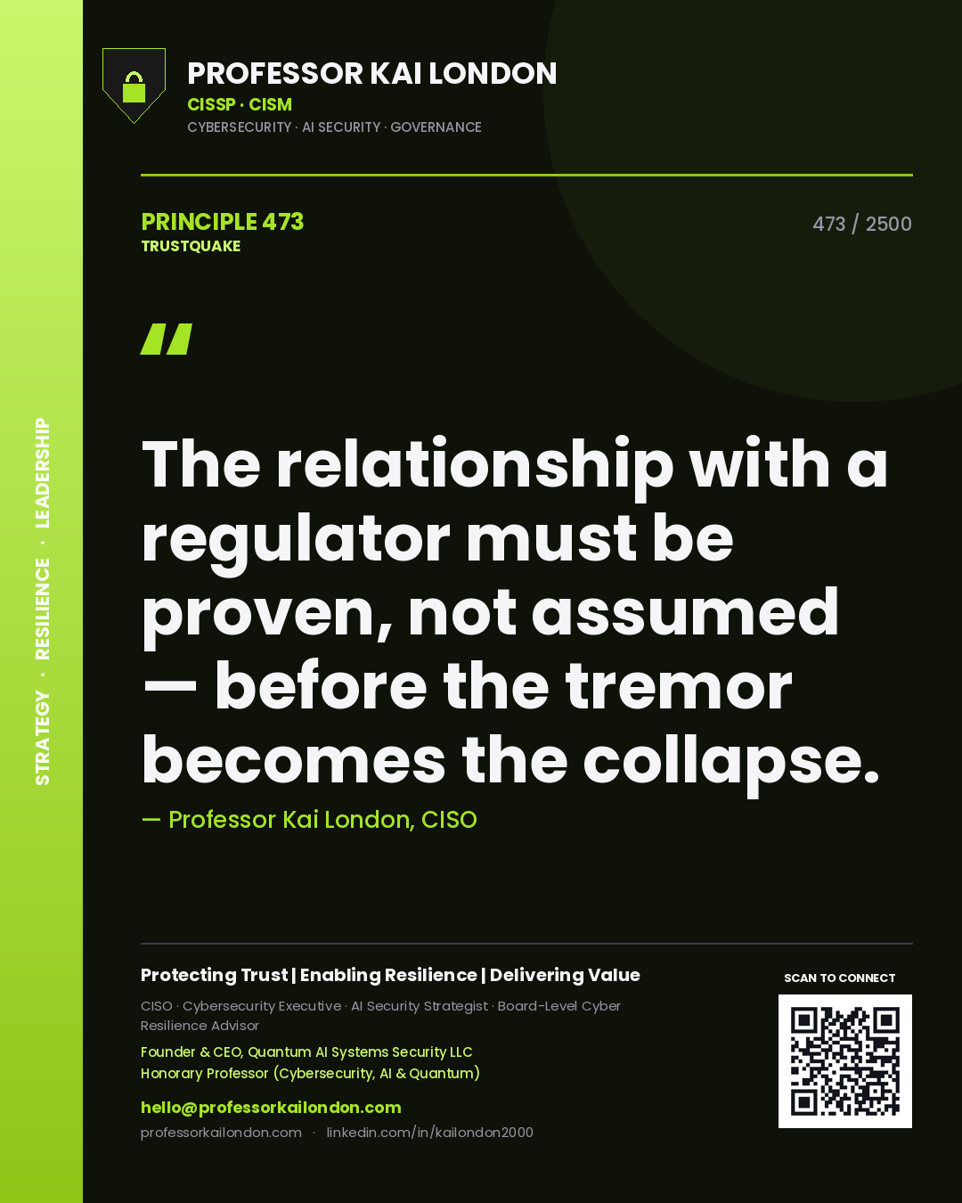 Quote card by Professor Kai London reading 'The relationship with a regulator must be proven, not assumed — before the tremor becomes the collapse.'. From the book Trustquake.
