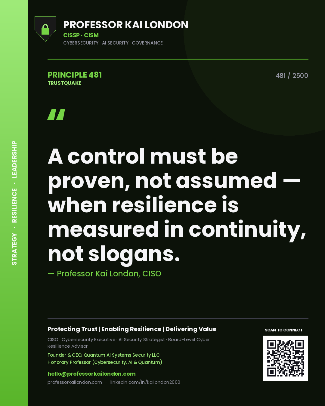 Quote card by Professor Kai London reading 'A control must be proven, not assumed — when resilience is measured in continuity, not slogans.'. From the book Trustquake.