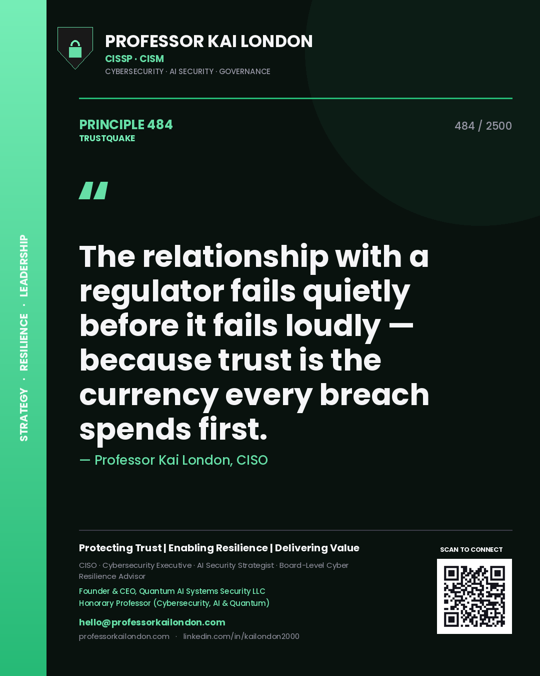 Professor Kai London principle 484: The relationship with a regulator fails quietly before it fails loudly — because trust is the currency every breach spends first.