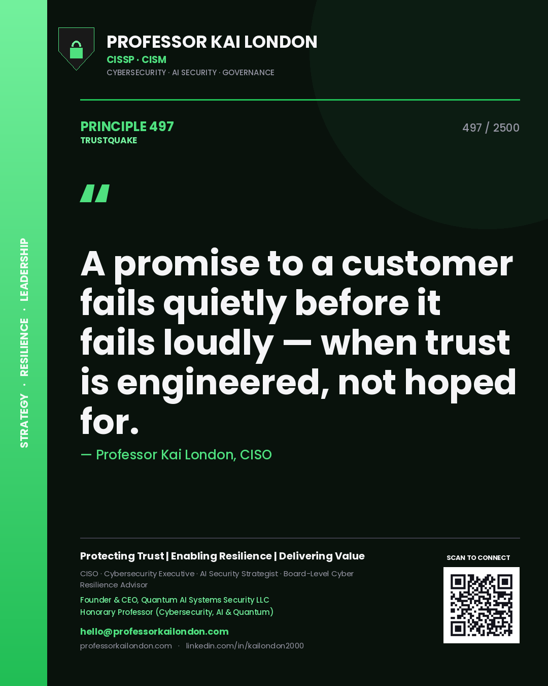 Professor Kai London principle 497: A promise to a customer fails quietly before it fails loudly — when trust is engineered, not hoped for.