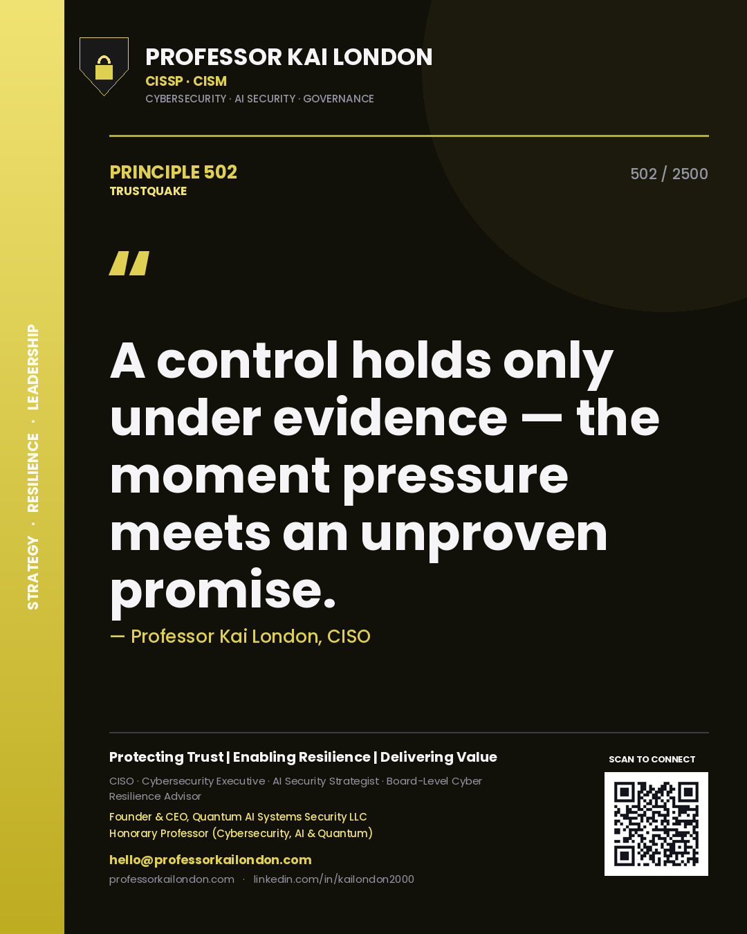Quote card by Professor Kai London reading 'A control holds only under evidence — the moment pressure meets an unproven promise.'. From the book Trustquake.