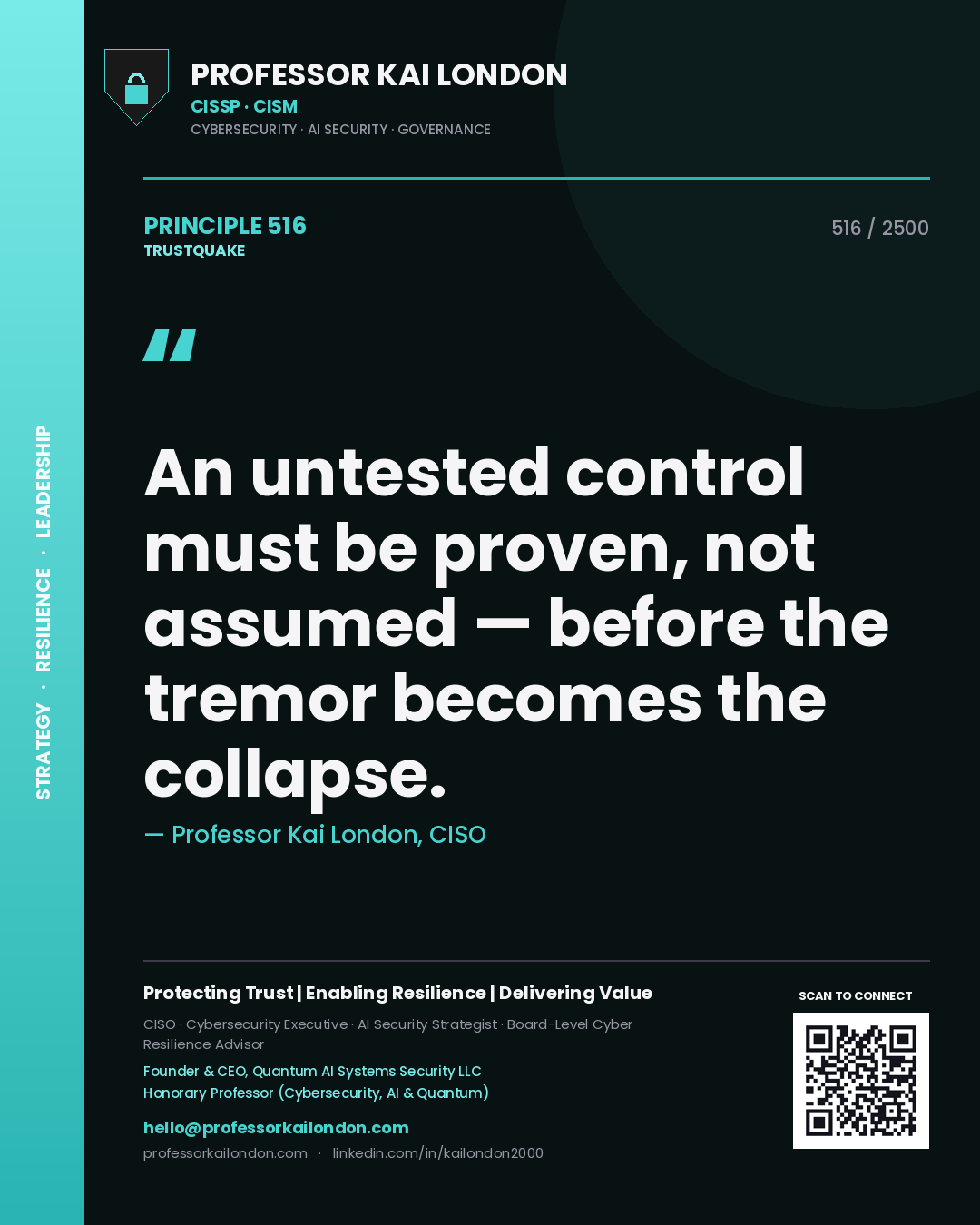 Quote card by Professor Kai London reading 'An untested control must be proven, not assumed — before the tremor becomes the collapse.'. From the book Trustquake.