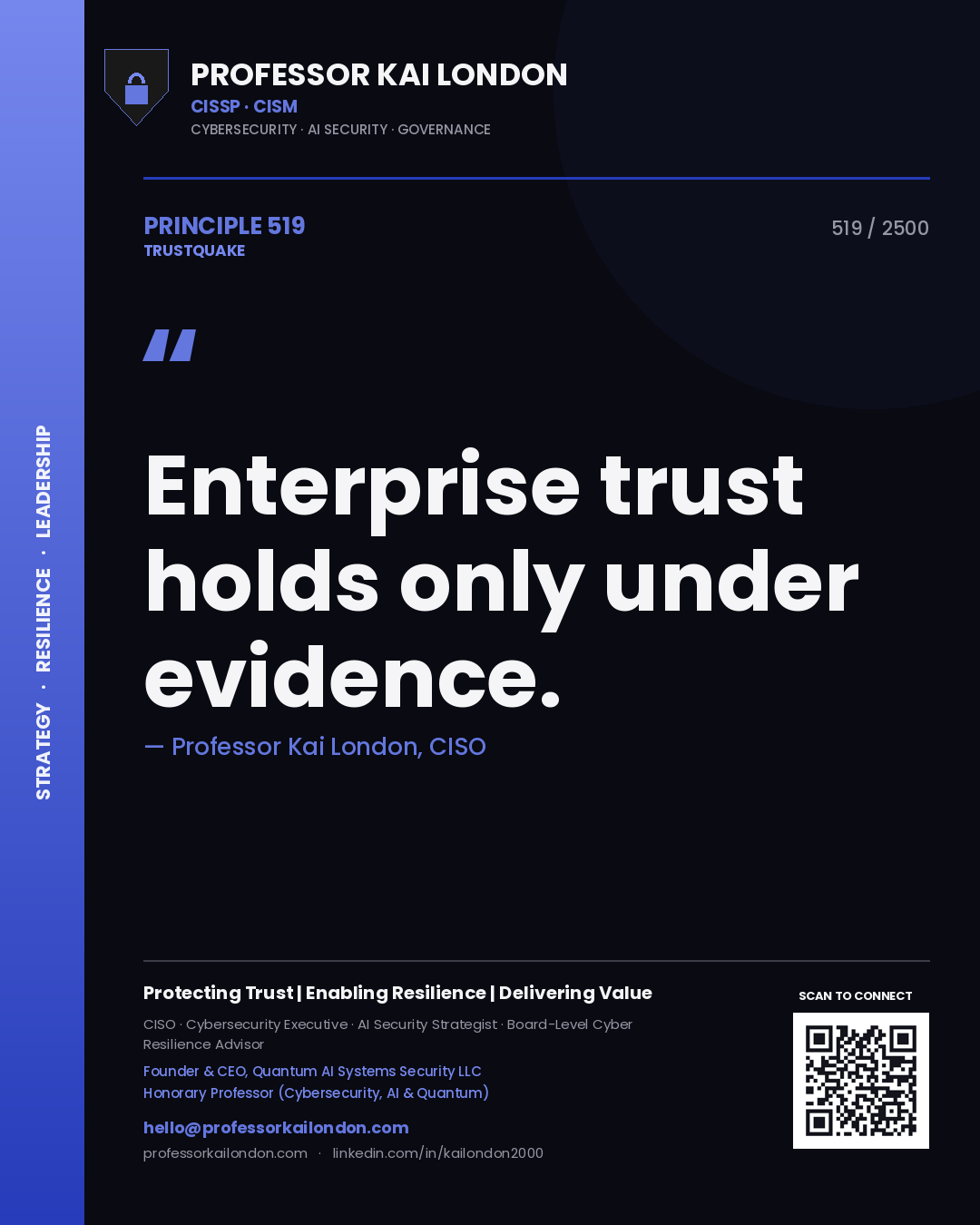 Quote card by Professor Kai London reading 'Enterprise trust holds only under evidence.'. From the book Trustquake.