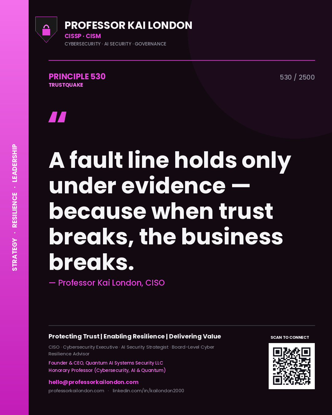 Professor Kai London principle 530: A fault line holds only under evidence — because when trust breaks, the business breaks.