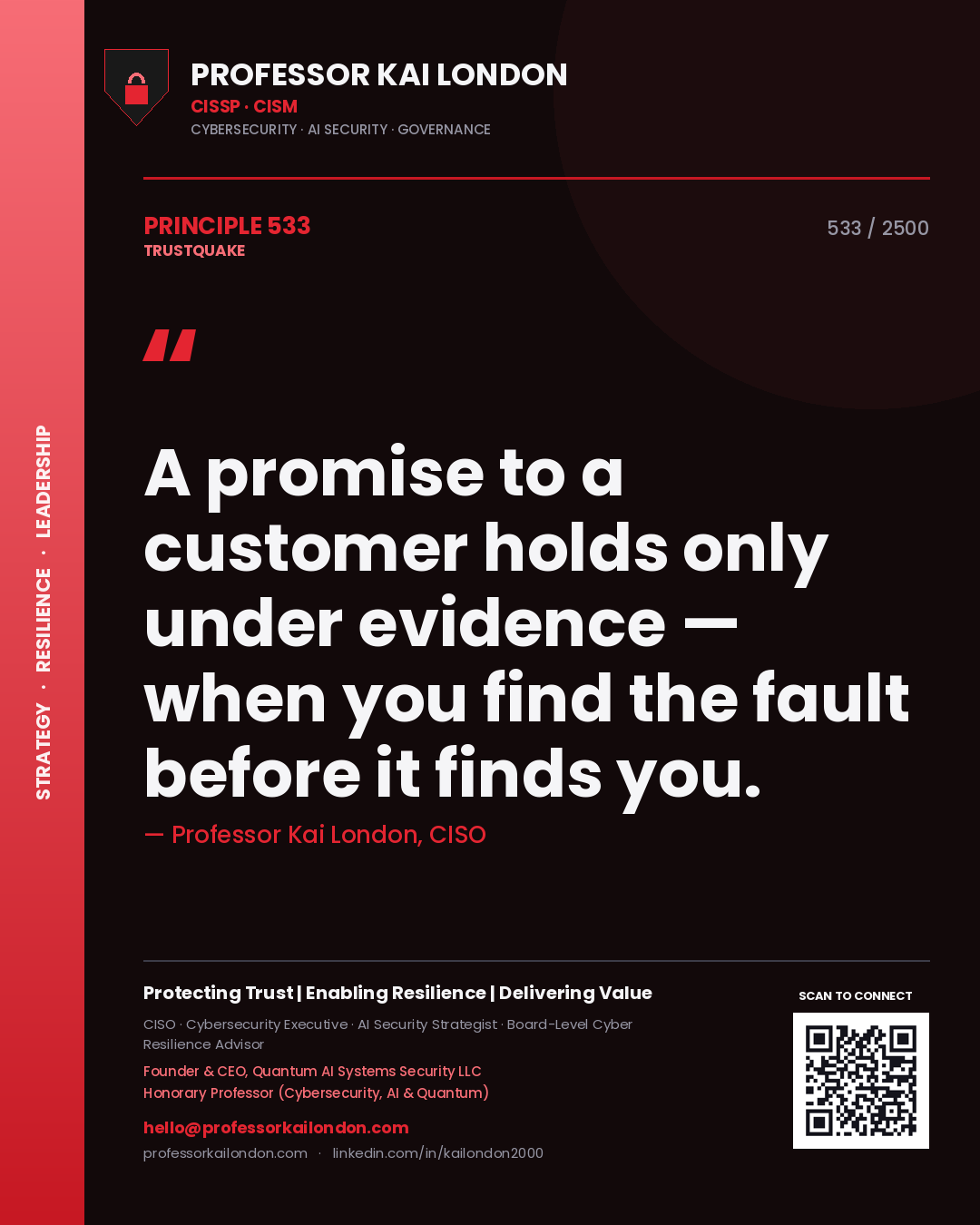 Quote card by Professor Kai London reading 'A promise to a customer holds only under evidence — when you find the fault before it finds you.'. From the book Trustquake.