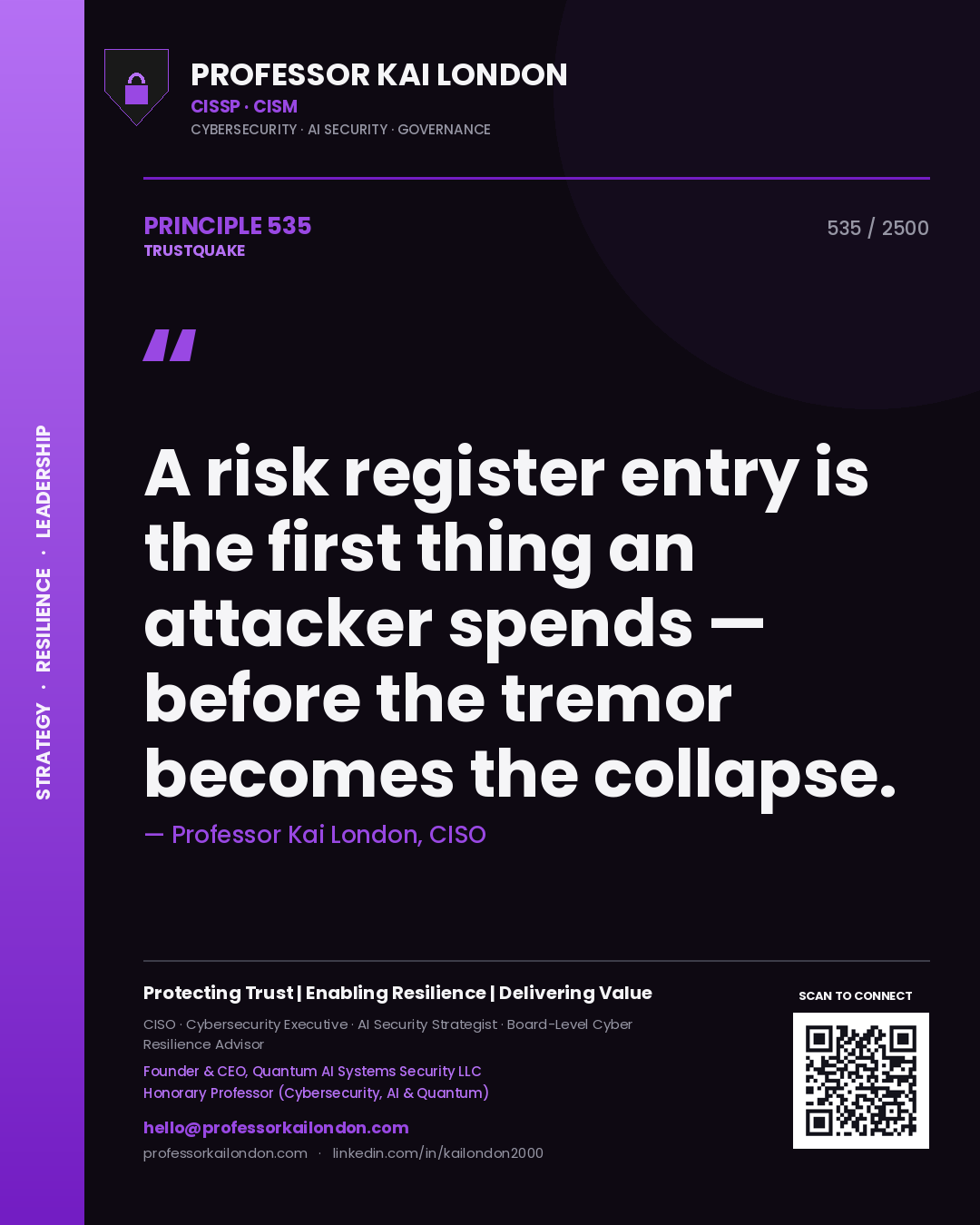 Quote card by Professor Kai London reading 'A risk register entry is the first thing an attacker spends — before the tremor becomes the collapse.'. From the book Trustquake.