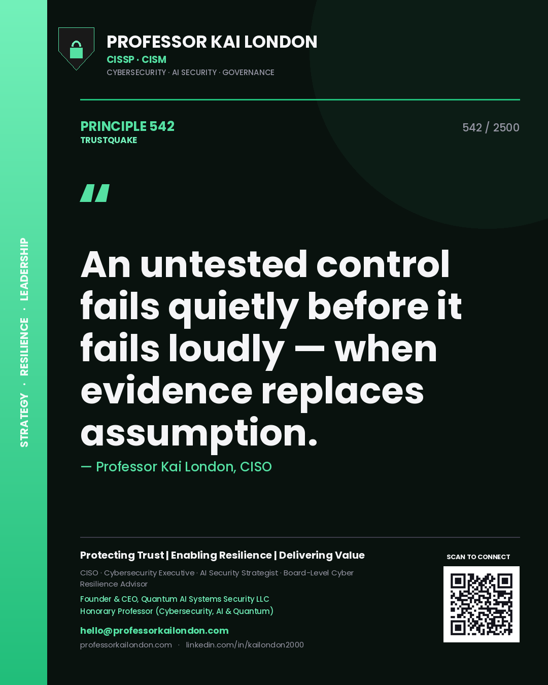 Quote card by Professor Kai London reading 'An untested control fails quietly before it fails loudly — when evidence replaces assumption.'. From the book Trustquake.