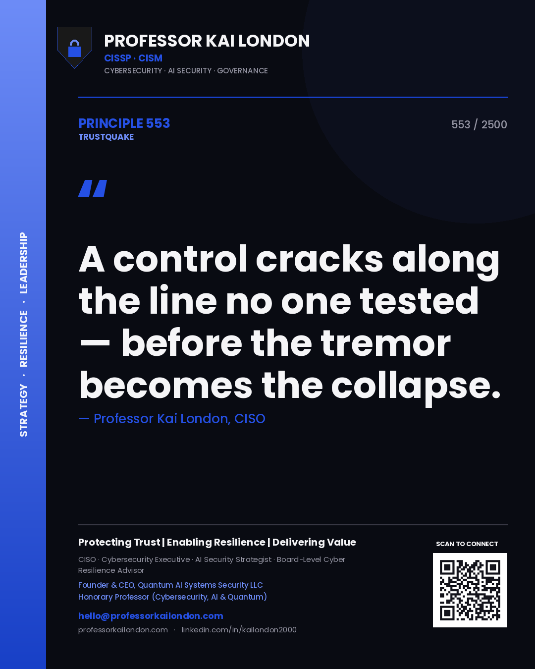 Professor Kai London principle 553: A control cracks along the line no one tested — before the tremor becomes the collapse.