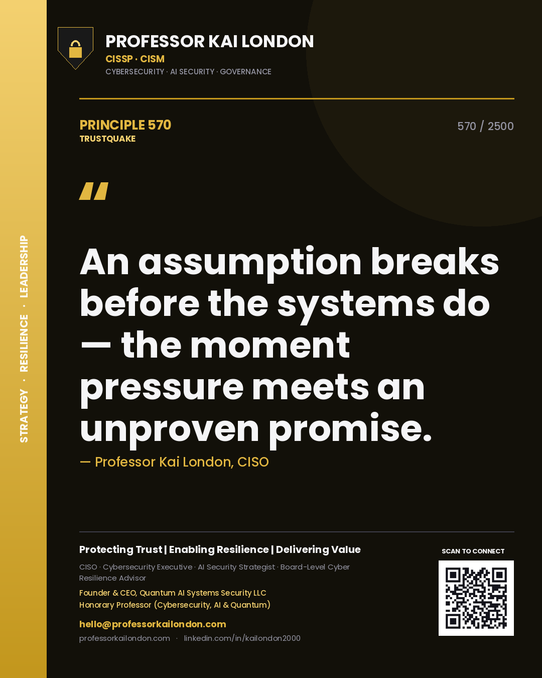 Quote card by Professor Kai London reading 'An assumption breaks before the systems do — the moment pressure meets an unproven promise.'. From the book Trustquake.