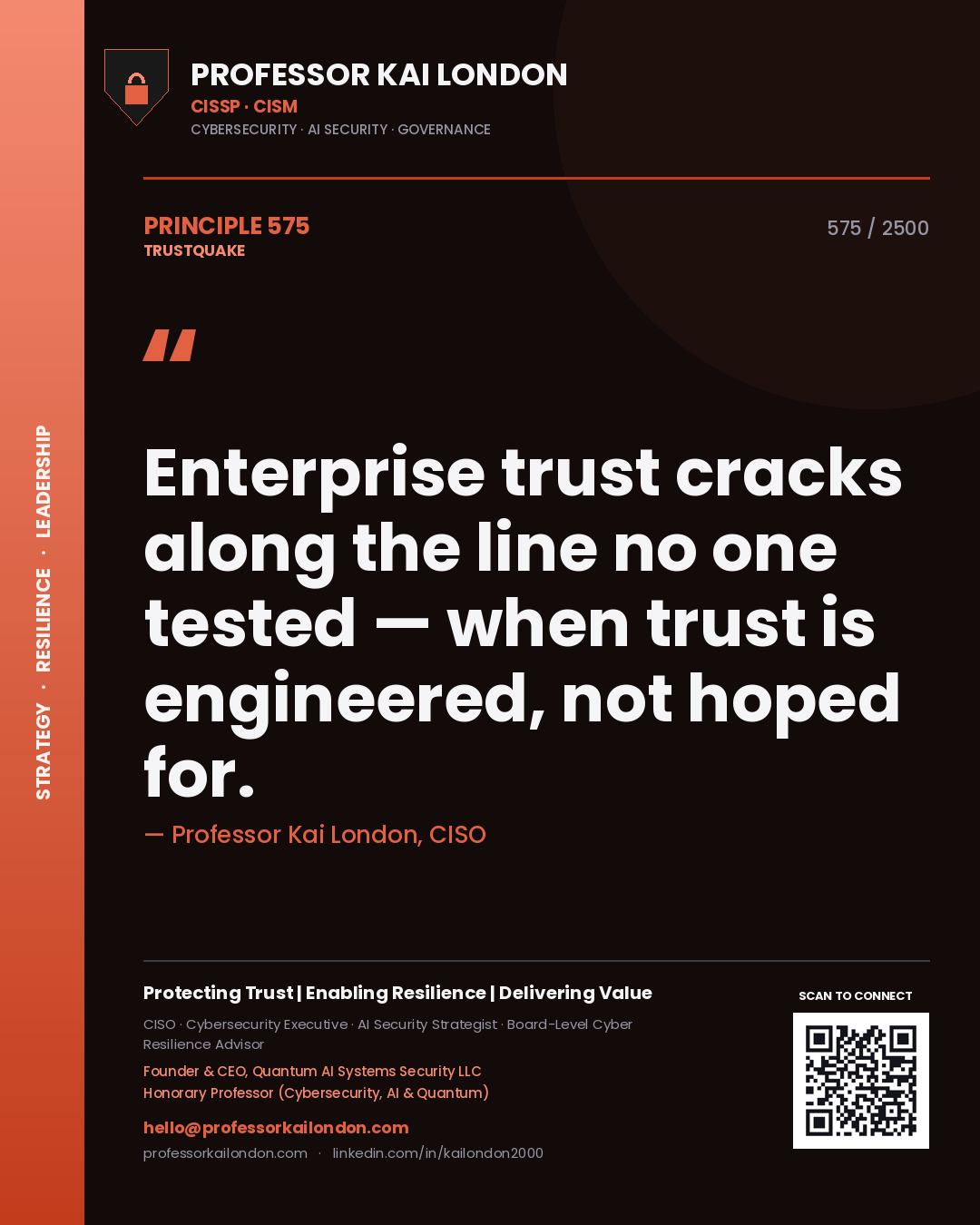 Professor Kai London principle 575: Enterprise trust cracks along the line no one tested — when trust is engineered, not hoped for.
