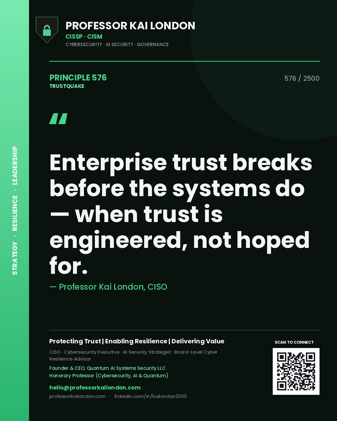 Quote card by Professor Kai London reading 'Enterprise trust breaks before the systems do — when trust is engineered, not hoped for.'. From the book Trustquake.