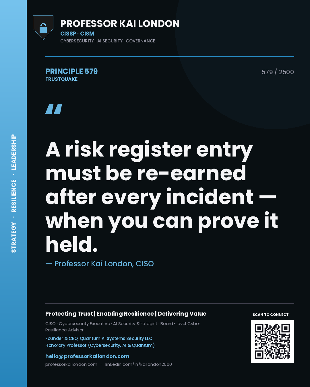 Quote card by Professor Kai London reading 'A risk register entry must be re-earned after every incident — when you can prove it held.'. From the book Trustquake.