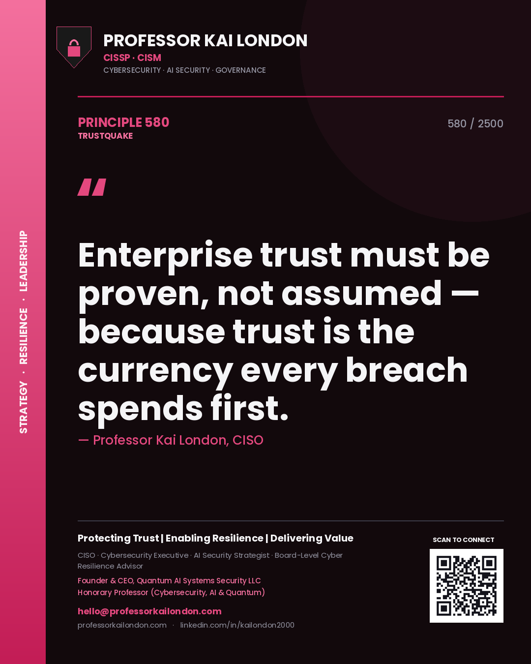 Quote card by Professor Kai London reading 'Enterprise trust must be proven, not assumed — because trust is the currency every breach spends first.'. From the book Trustquake.