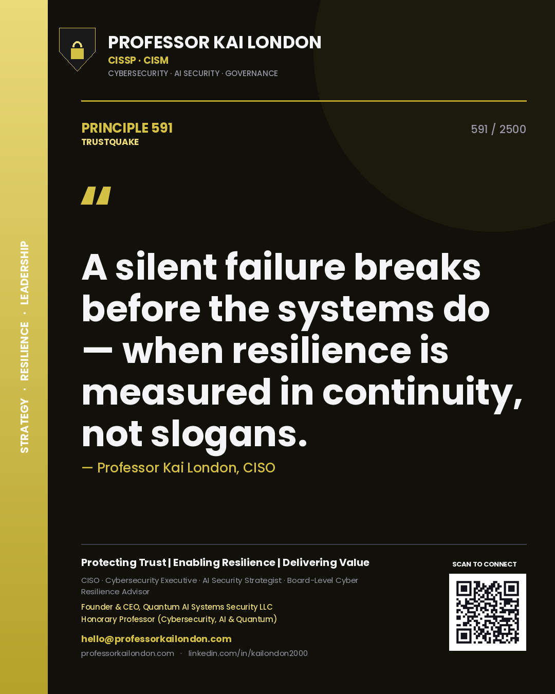 Quote card by Professor Kai London reading 'A silent failure breaks before the systems do — when resilience is measured in continuity, not slogans.'. From the book Trustquake.
