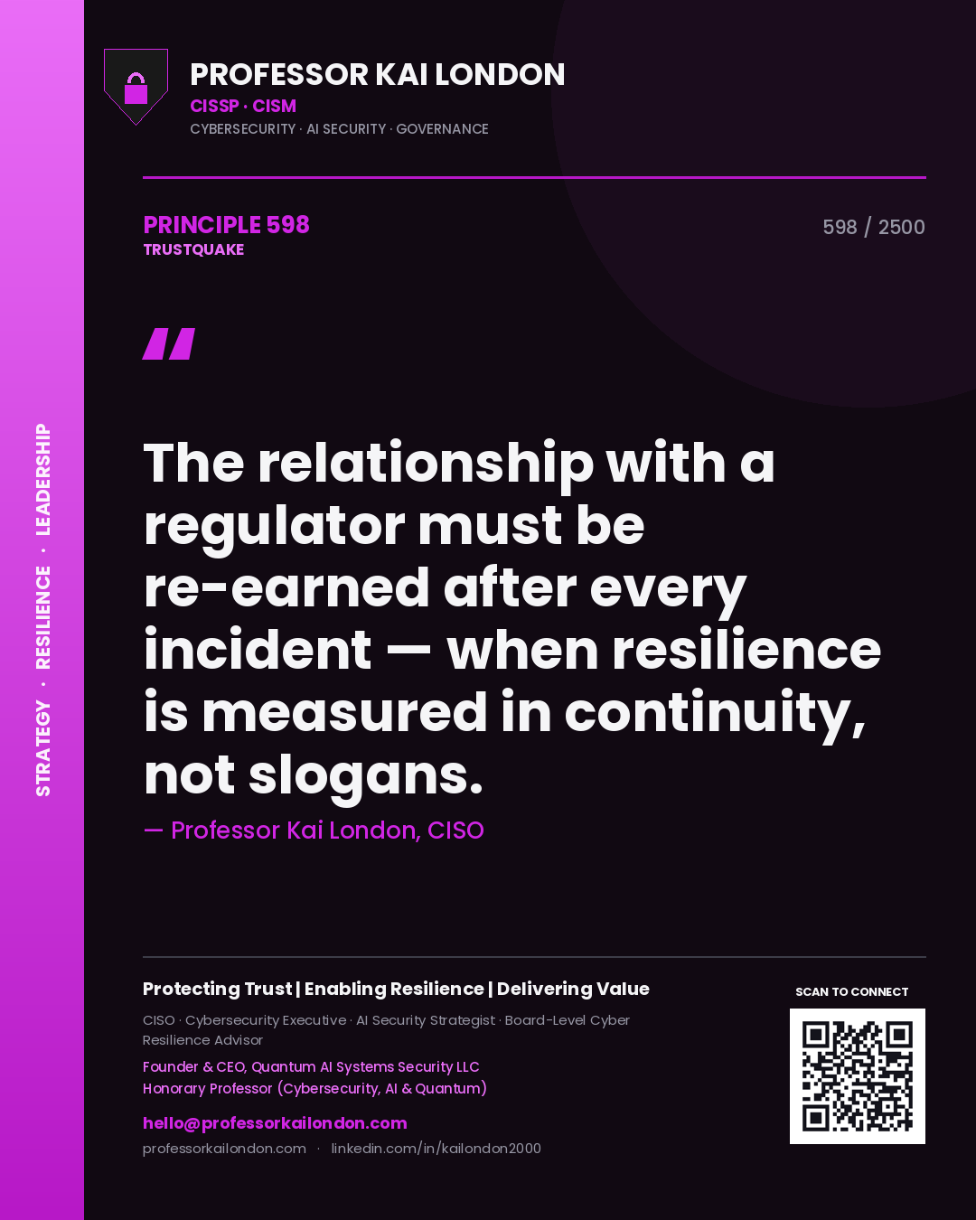 Professor Kai London principle 598: The relationship with a regulator must be re-earned after every incident — when resilience is measured in continuity, not slogans.