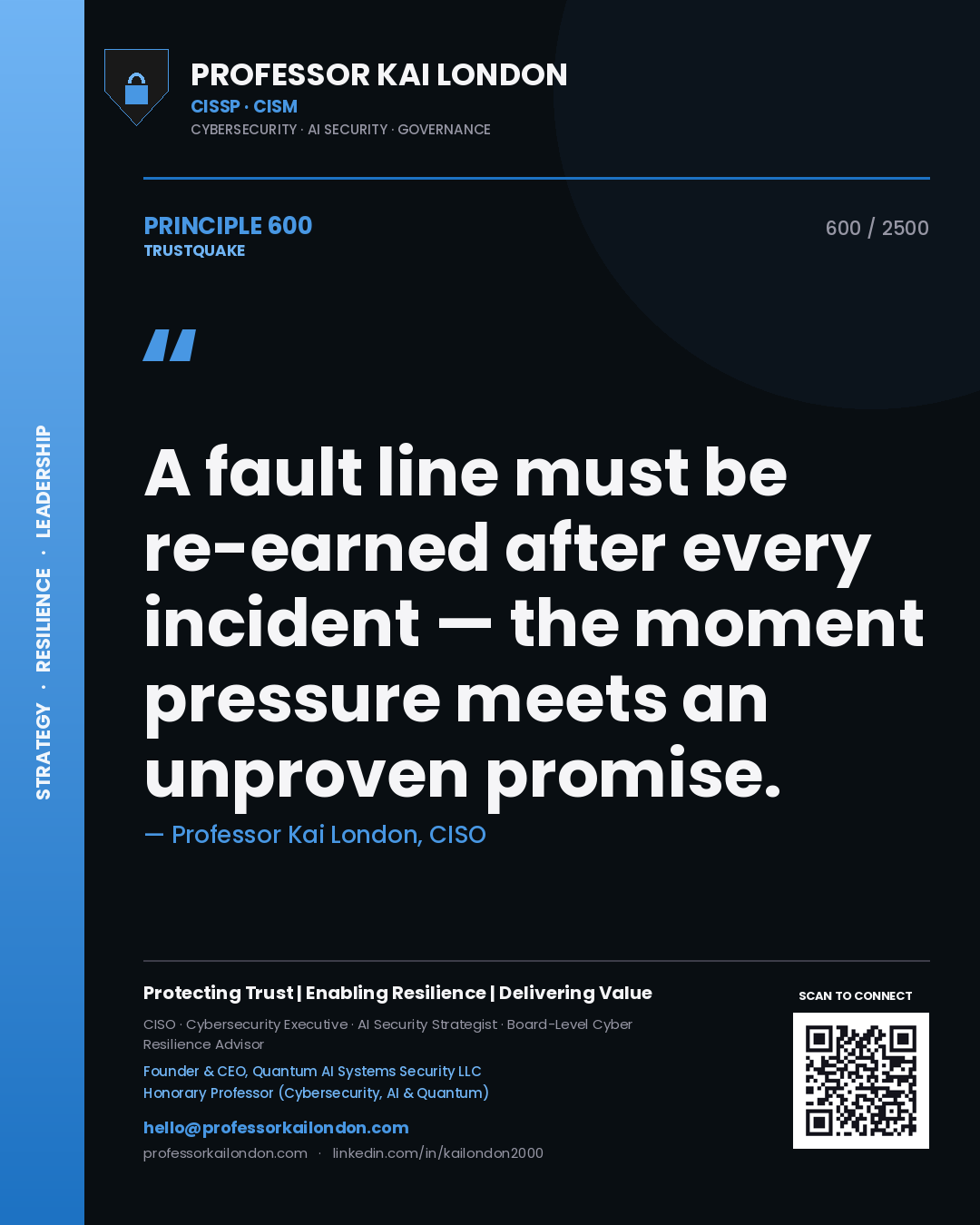 Quote card by Professor Kai London reading 'A fault line must be re-earned after every incident — the moment pressure meets an unproven promise.'. From the book Trustquake.
