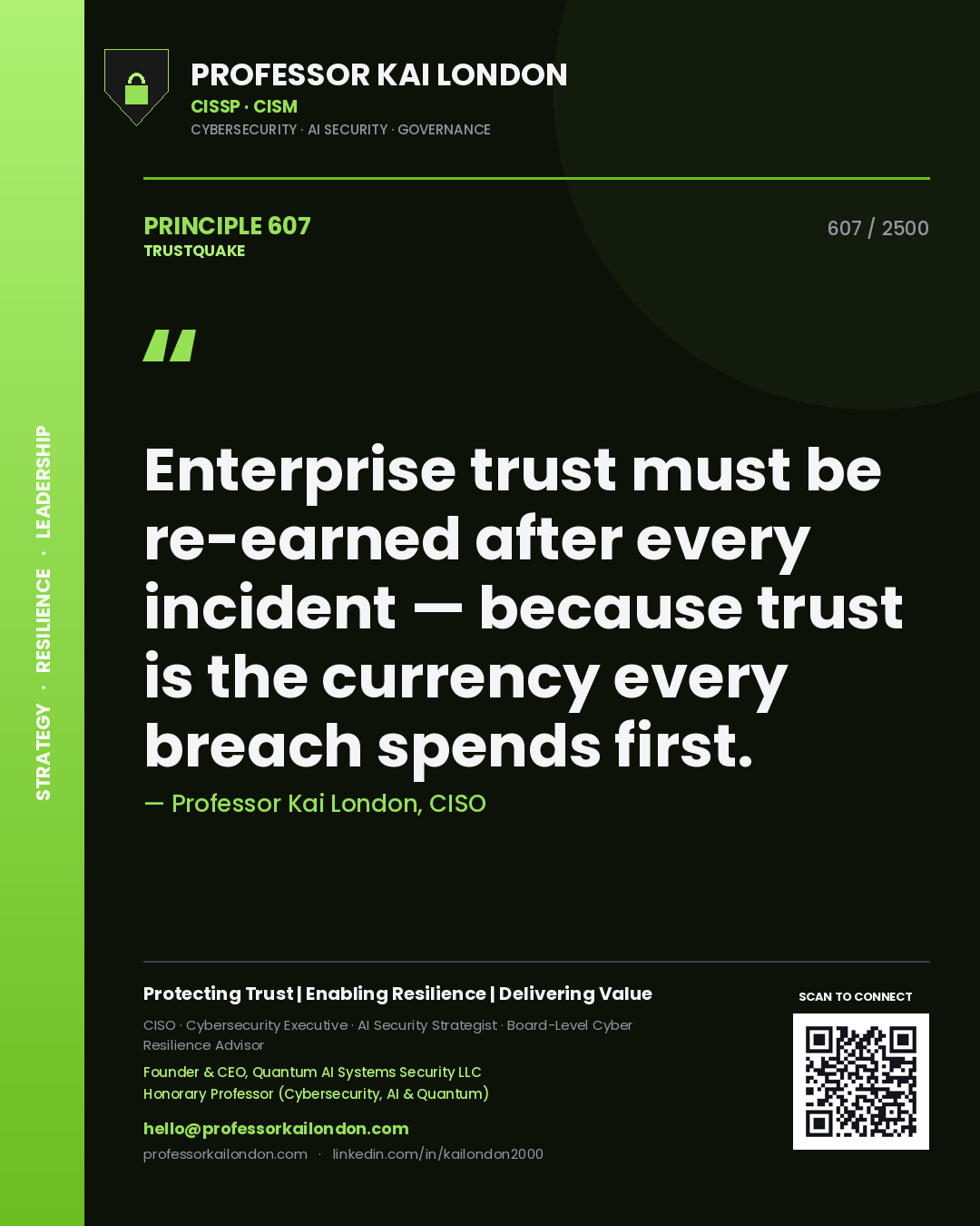 Quote card by Professor Kai London reading 'Enterprise trust must be re-earned after every incident — because trust is the currency every breach spends first.'. From the book Trustquake.