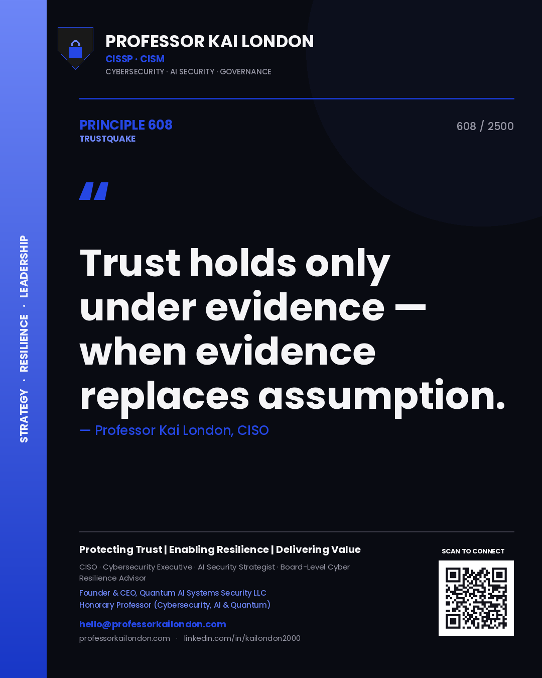 Quote card by Professor Kai London reading 'Trust holds only under evidence — when evidence replaces assumption.'. From the book Trustquake.