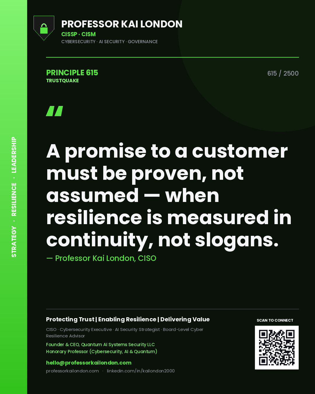 Quote card by Professor Kai London reading 'A promise to a customer must be proven, not assumed — when resilience is measured in continuity, not slogans.'. From the book Trustquake.