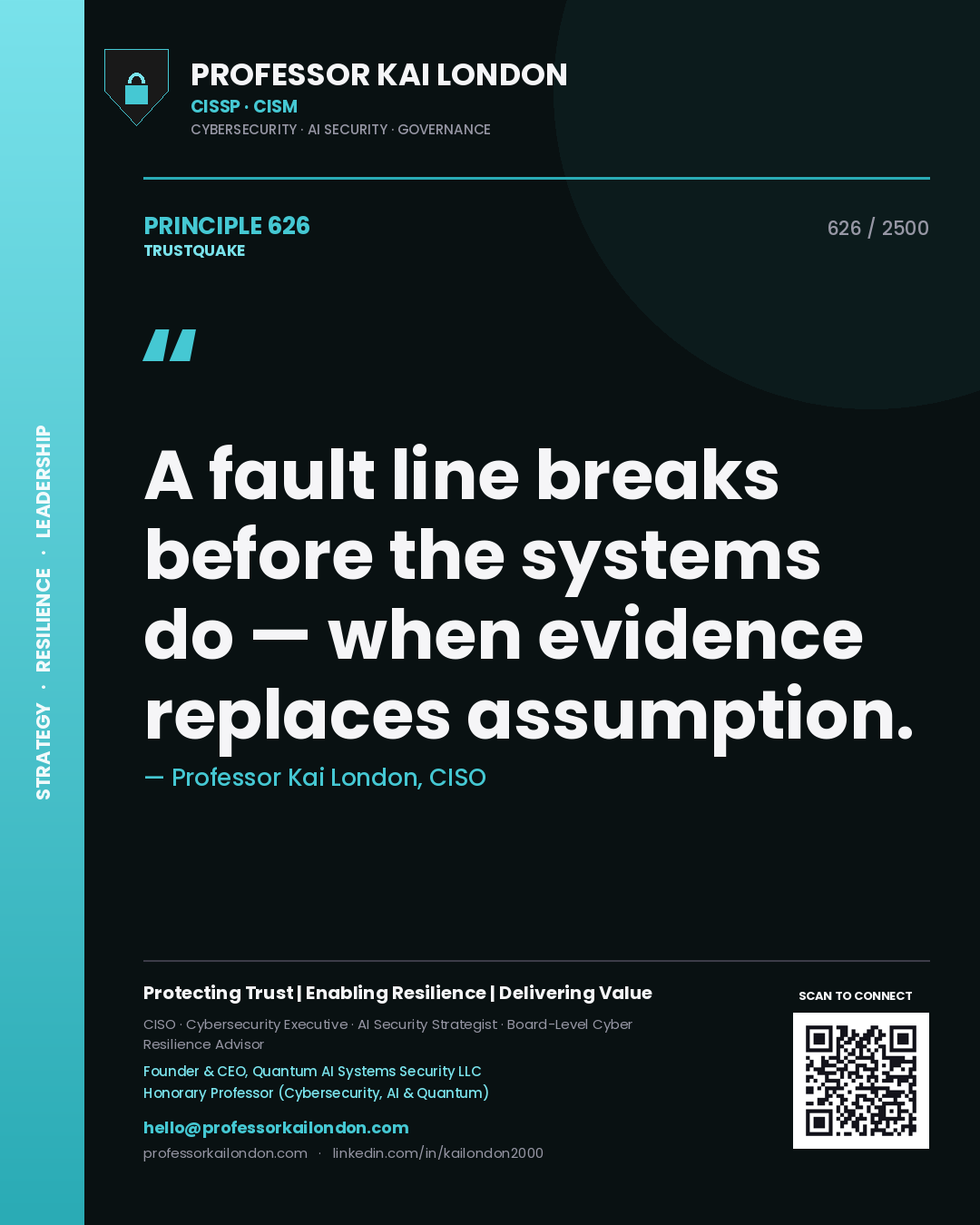 Quote card by Professor Kai London reading 'A fault line breaks before the systems do — when evidence replaces assumption.'. From the book Trustquake.