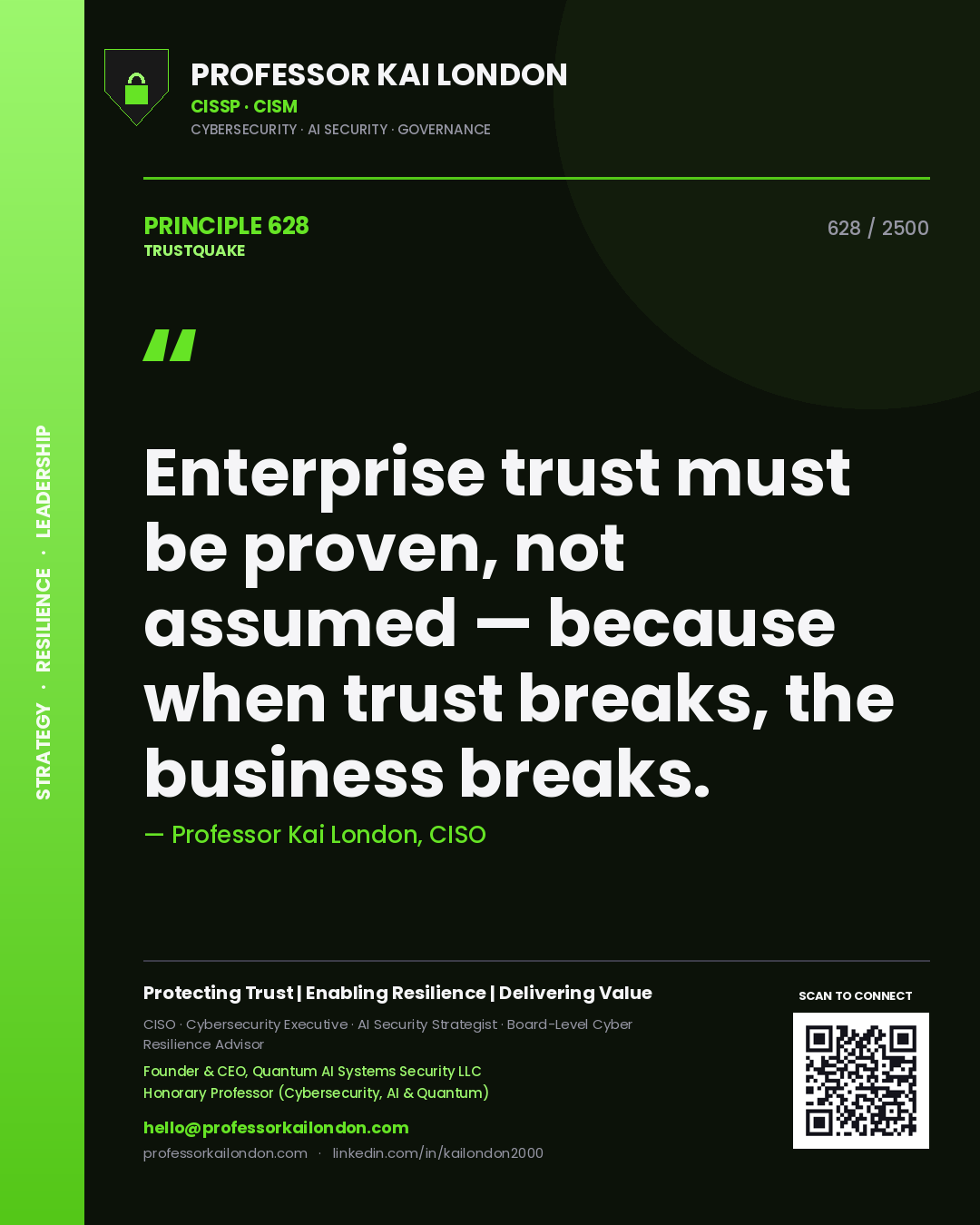 Quote card by Professor Kai London reading 'Enterprise trust must be proven, not assumed — because when trust breaks, the business breaks.'. From the book Trustquake.