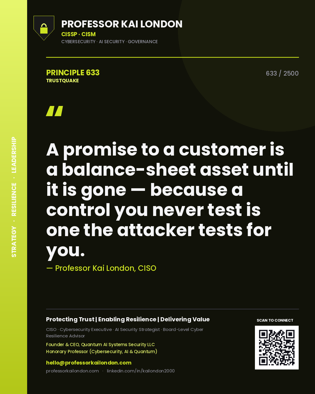 Quote card by Professor Kai London reading 'A promise to a customer is a balance-sheet asset until it is gone — because a control you never test is one the attacker tests for you.'. From the book Trustquake.