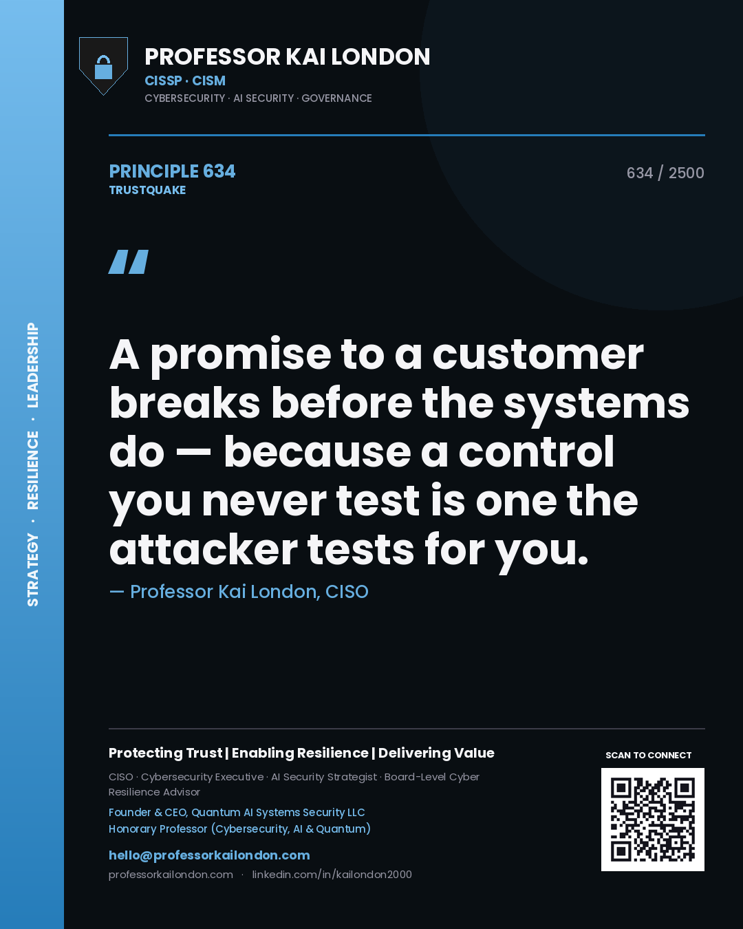 Quote card by Professor Kai London reading 'A promise to a customer breaks before the systems do — because a control you never test is one the attacker tests for you.'. From the book Trustquake.