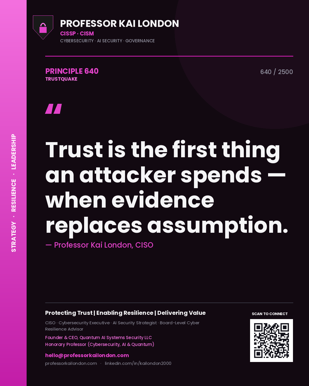 Quote card by Professor Kai London reading 'Trust is the first thing an attacker spends — when evidence replaces assumption.'. From the book Trustquake.