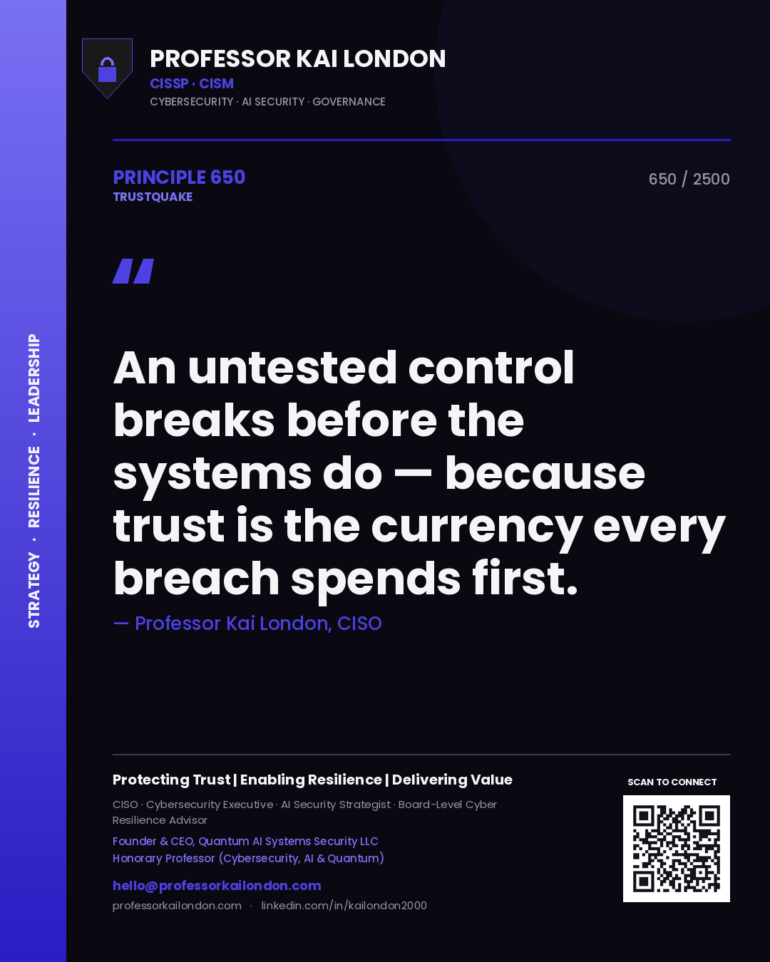 Quote card by Professor Kai London reading 'An untested control breaks before the systems do — because trust is the currency every breach spends first.'. From the book Trustquake.