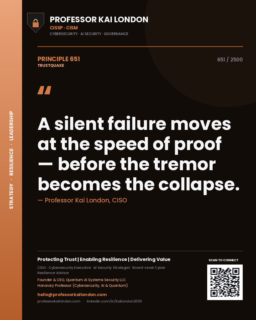 Quote card by Professor Kai London reading 'A silent failure moves at the speed of proof — before the tremor becomes the collapse.'. From the book Trustquake.