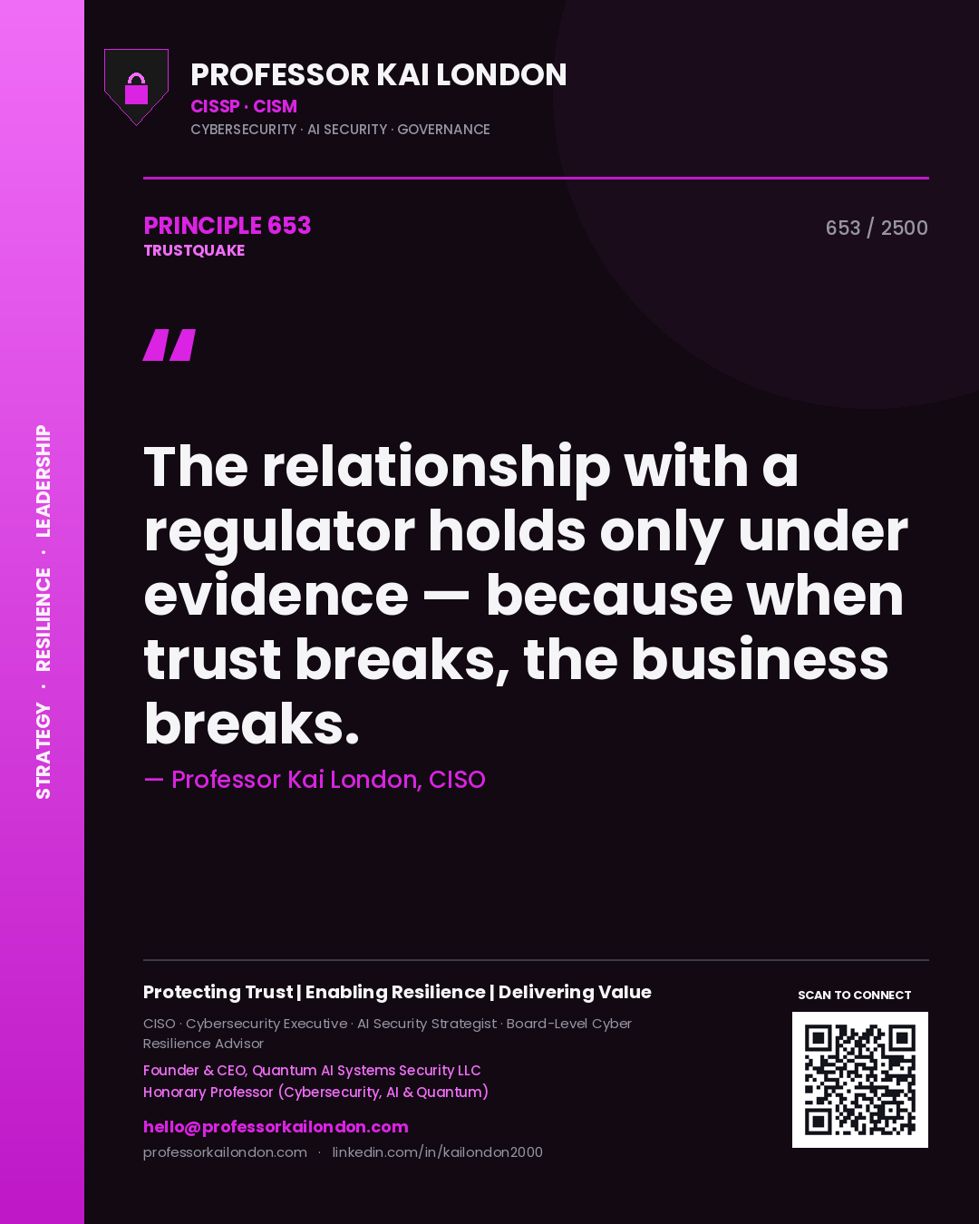 Quote card by Professor Kai London reading 'The relationship with a regulator holds only under evidence — because when trust breaks, the business breaks.'. From the book Trustquake.